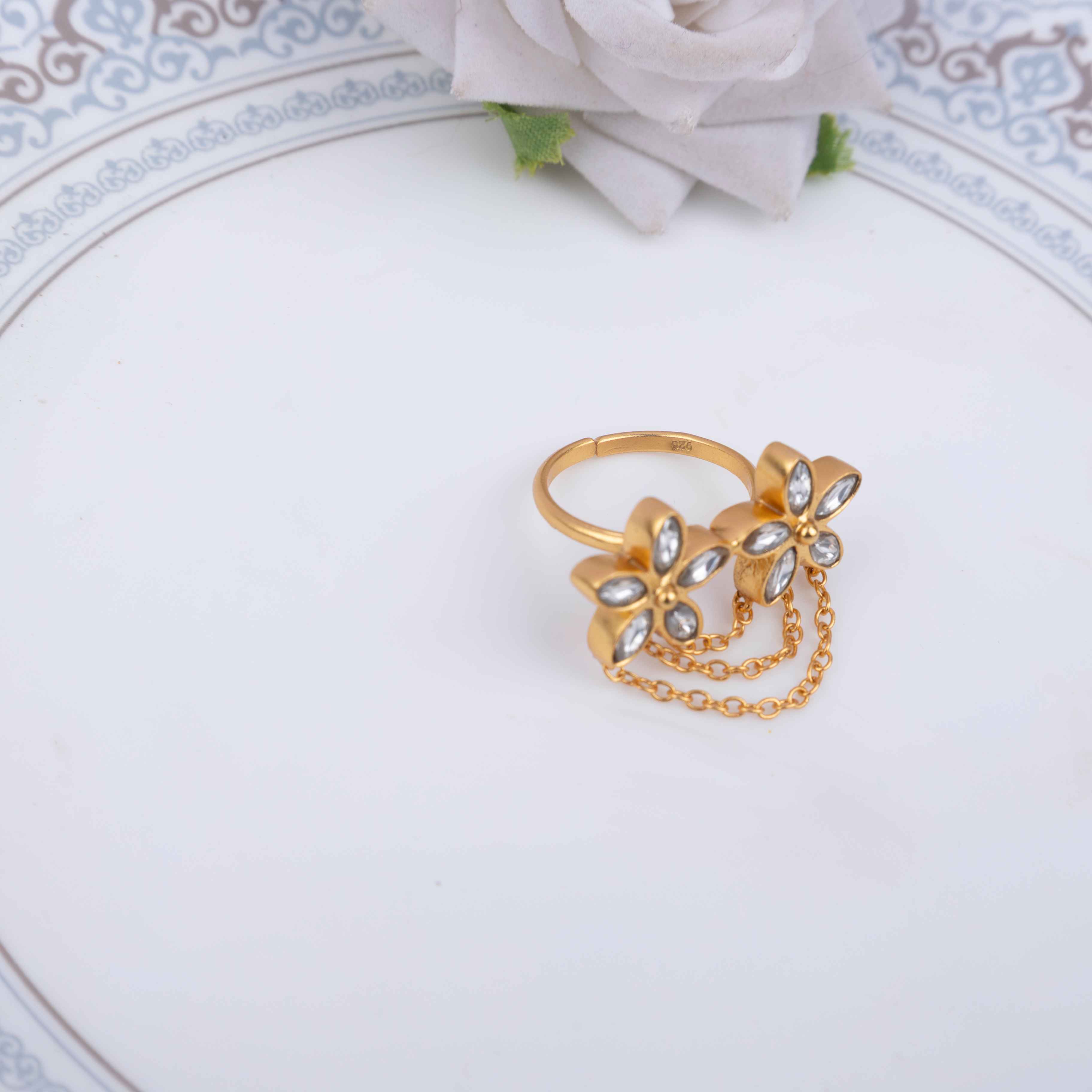 Essence Kundan Flower Chain Drop Gold Plated Ring