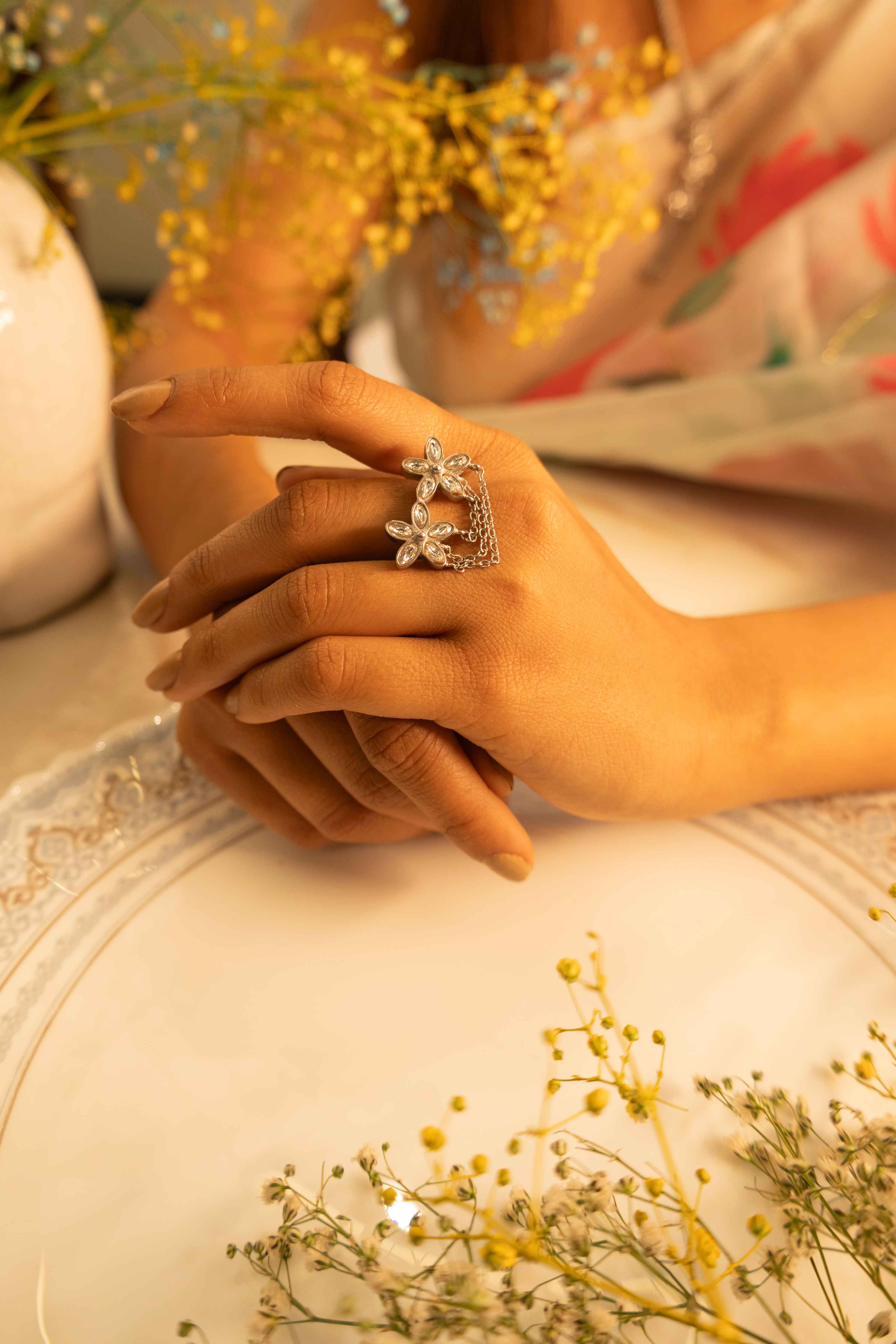 Essence Kundan Flower Chain Drop Ring