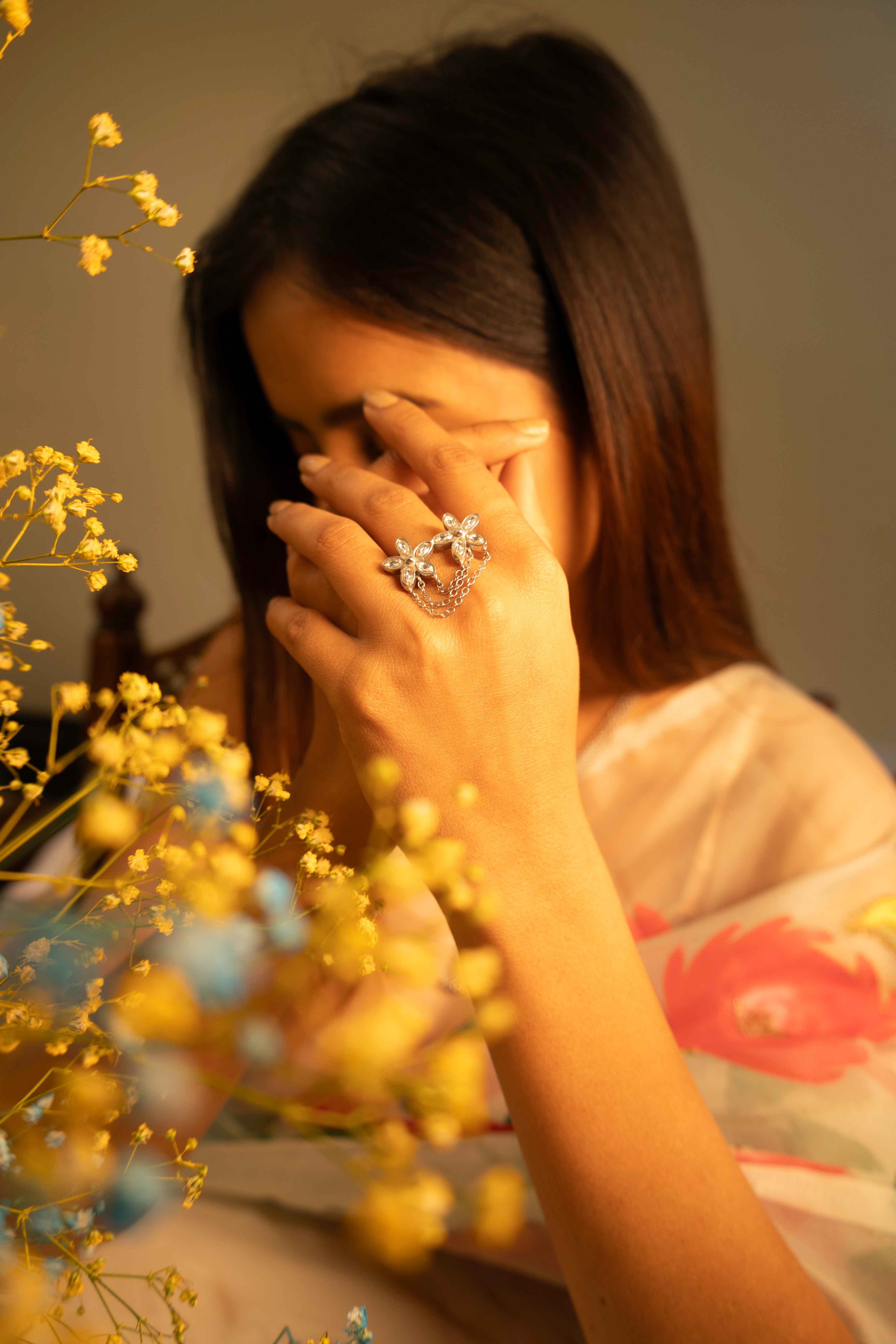 Essence Kundan Flower Chain Drop Ring