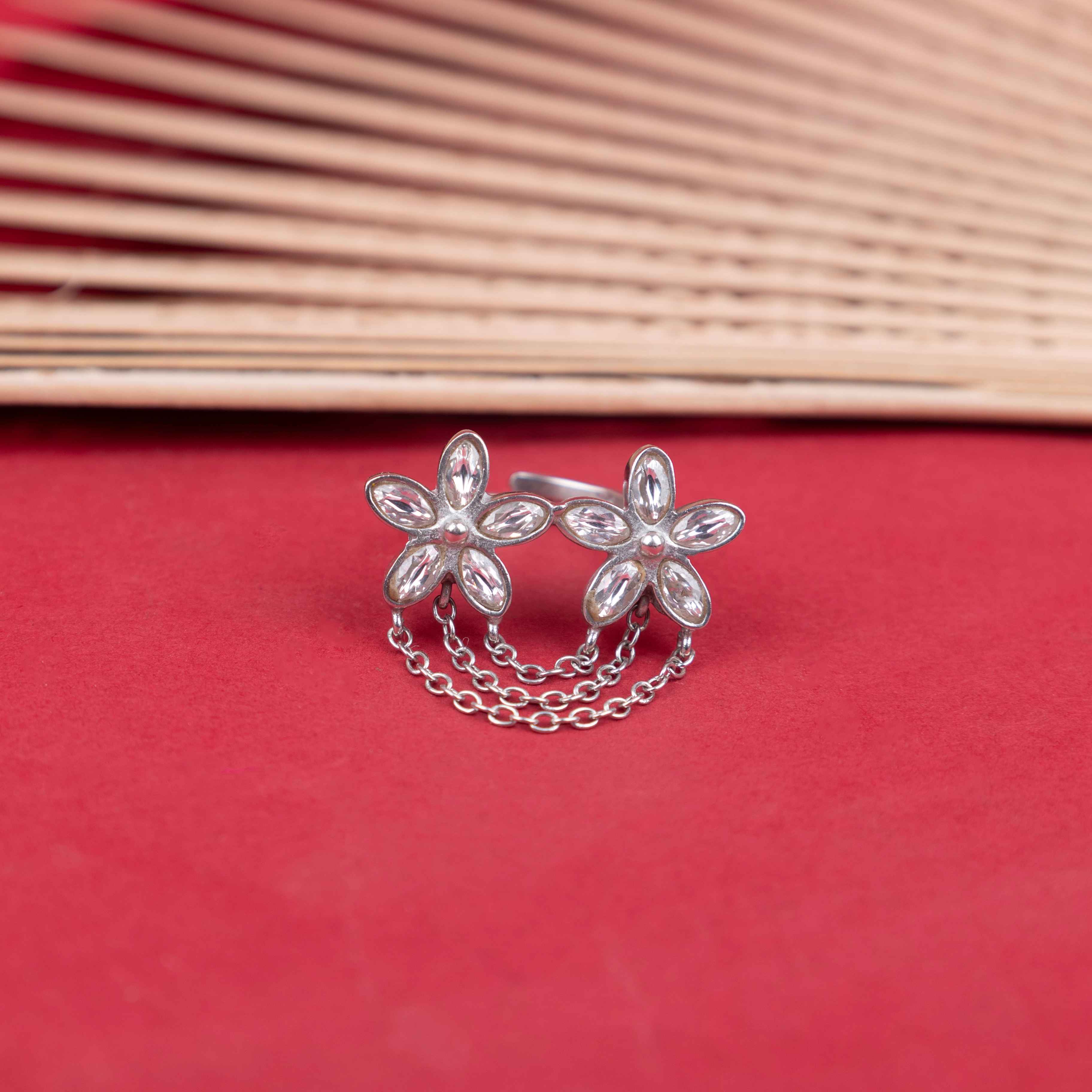 Essence Kundan Flower Chain Drop Ring