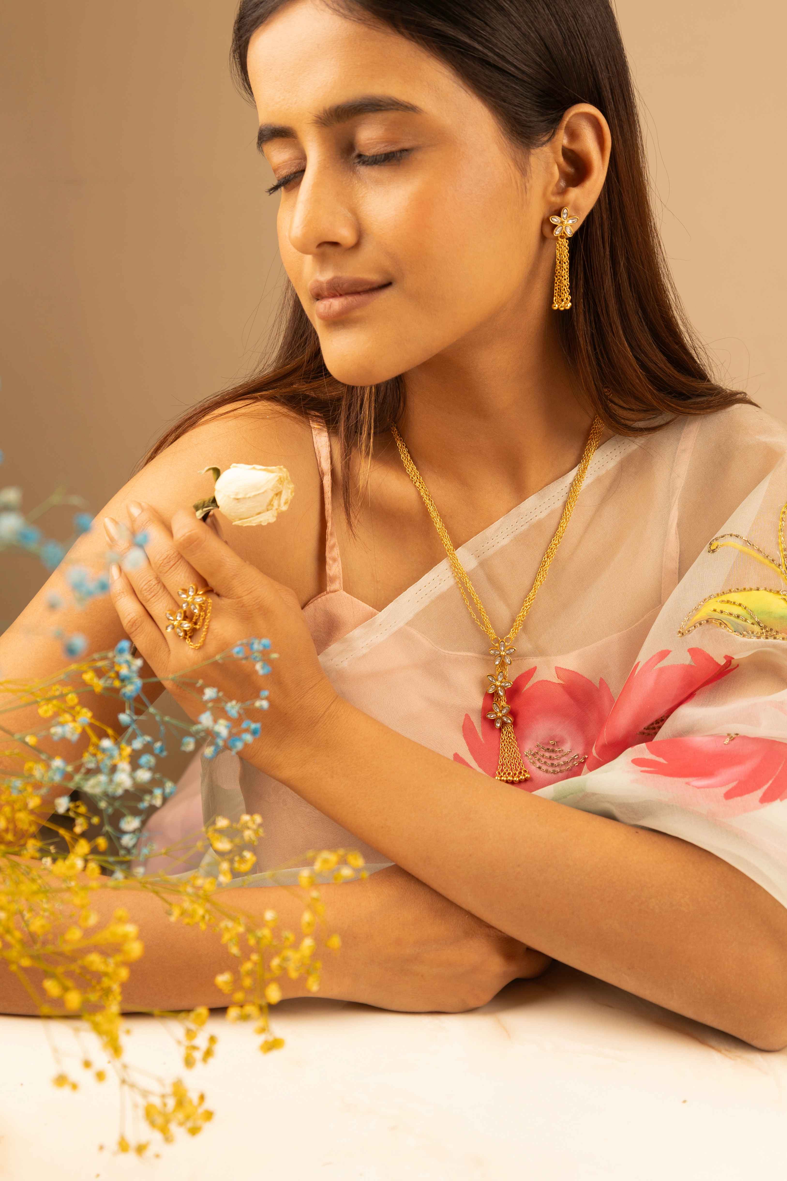 Essence Kundan Flower Sequence Chain Cluster Gold Plated Earring Ring Necklace Set