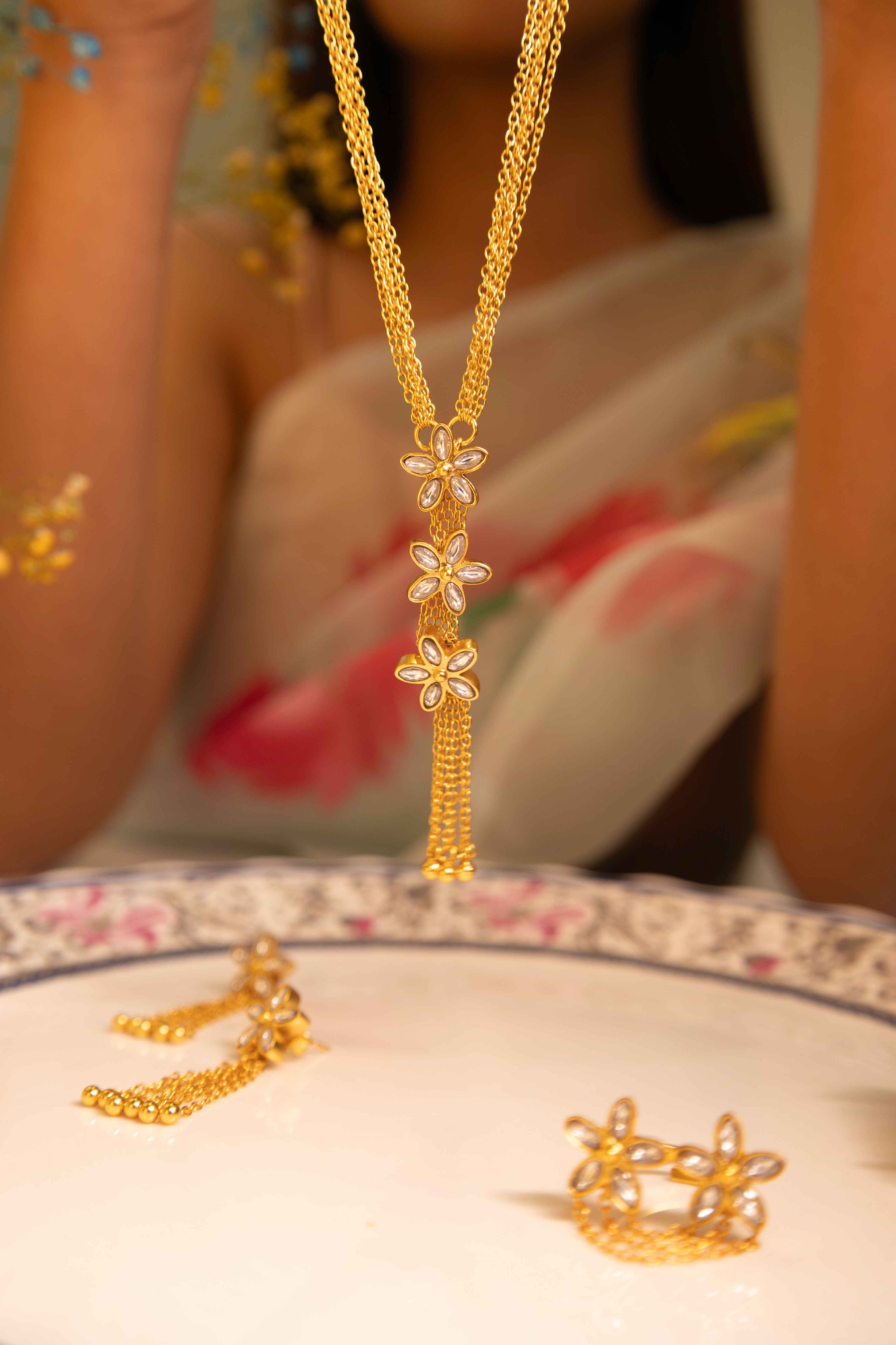 Essence Kundan Flower Sequence Chain Cluster Gold Plated Earring Ring Necklace Set