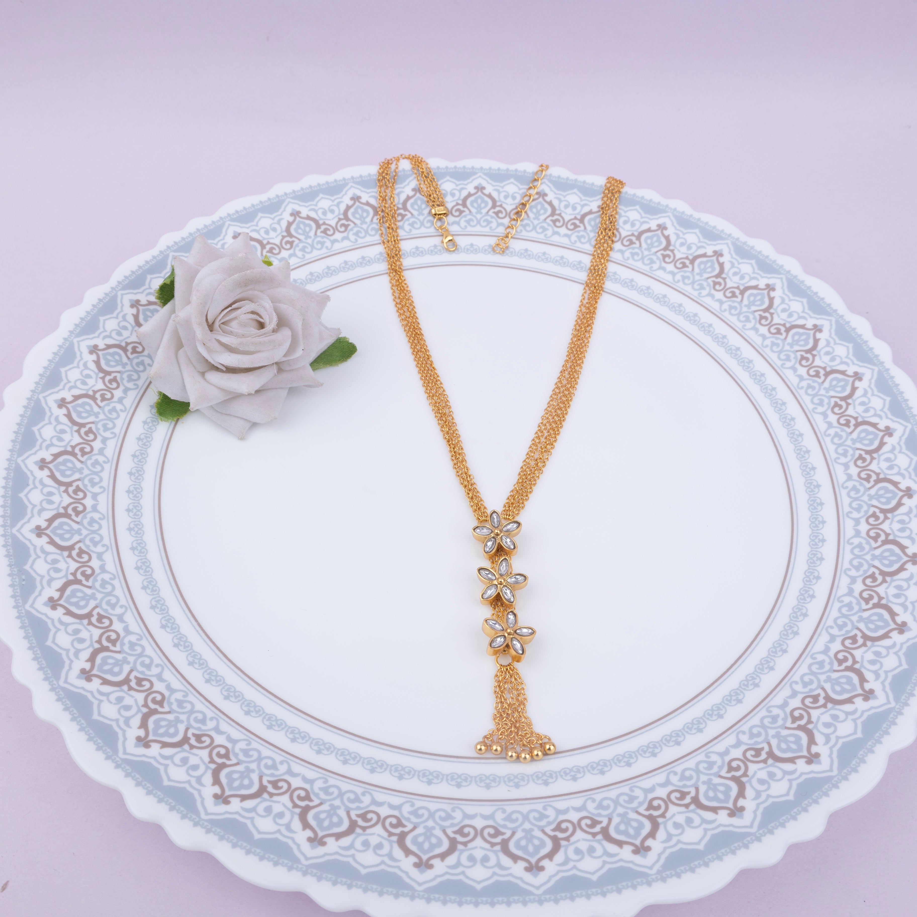 Essence Kundan Flower Sequence Chain Cluster Gold Plated Necklace