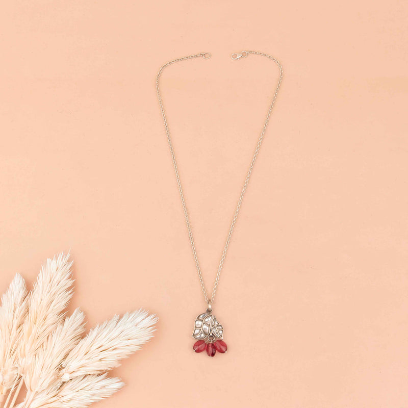 Essence Dual Leaf Kundan Pink Drop Necklace Earring Ring Set