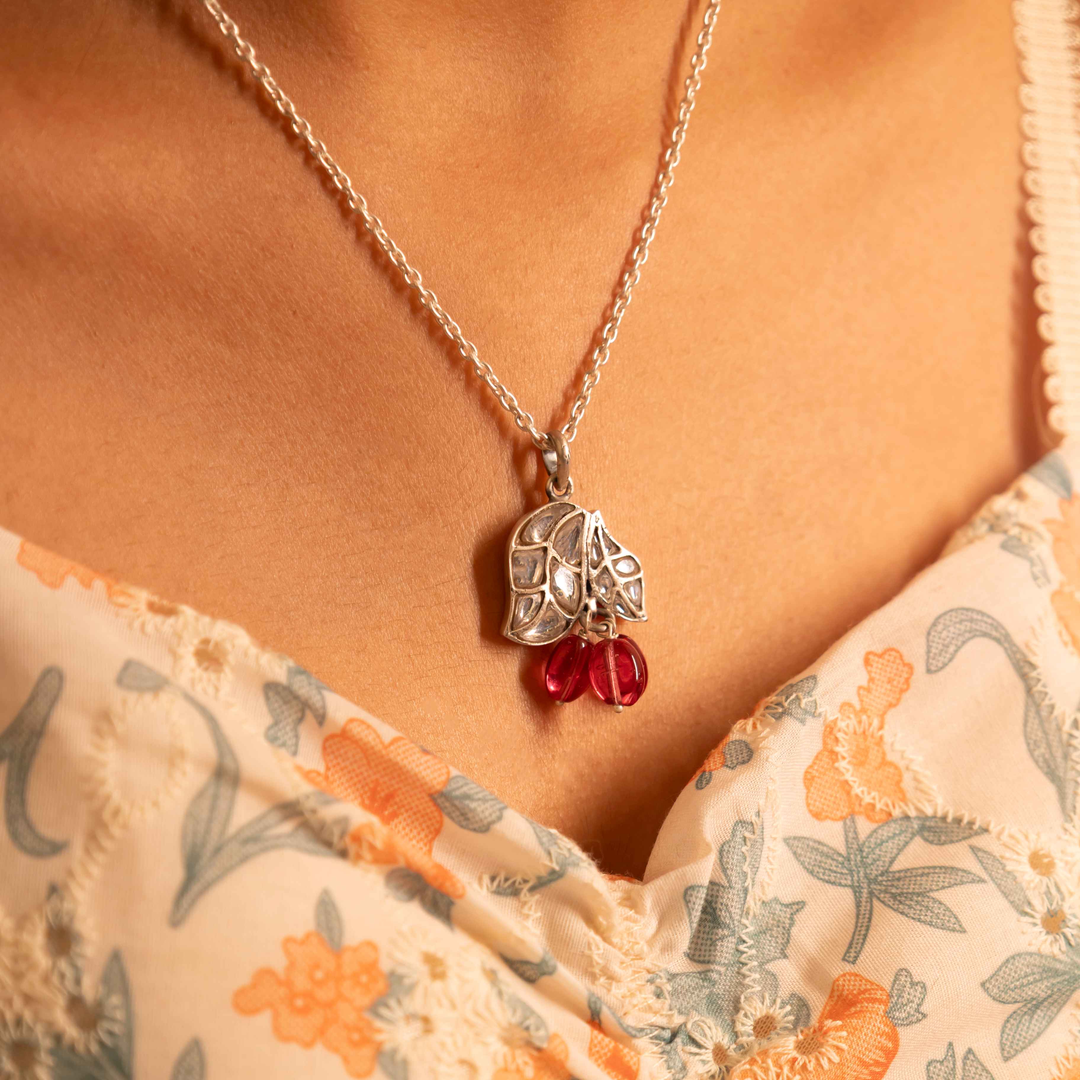 Essence Dual Leaf Kundan Pink Drop Necklace