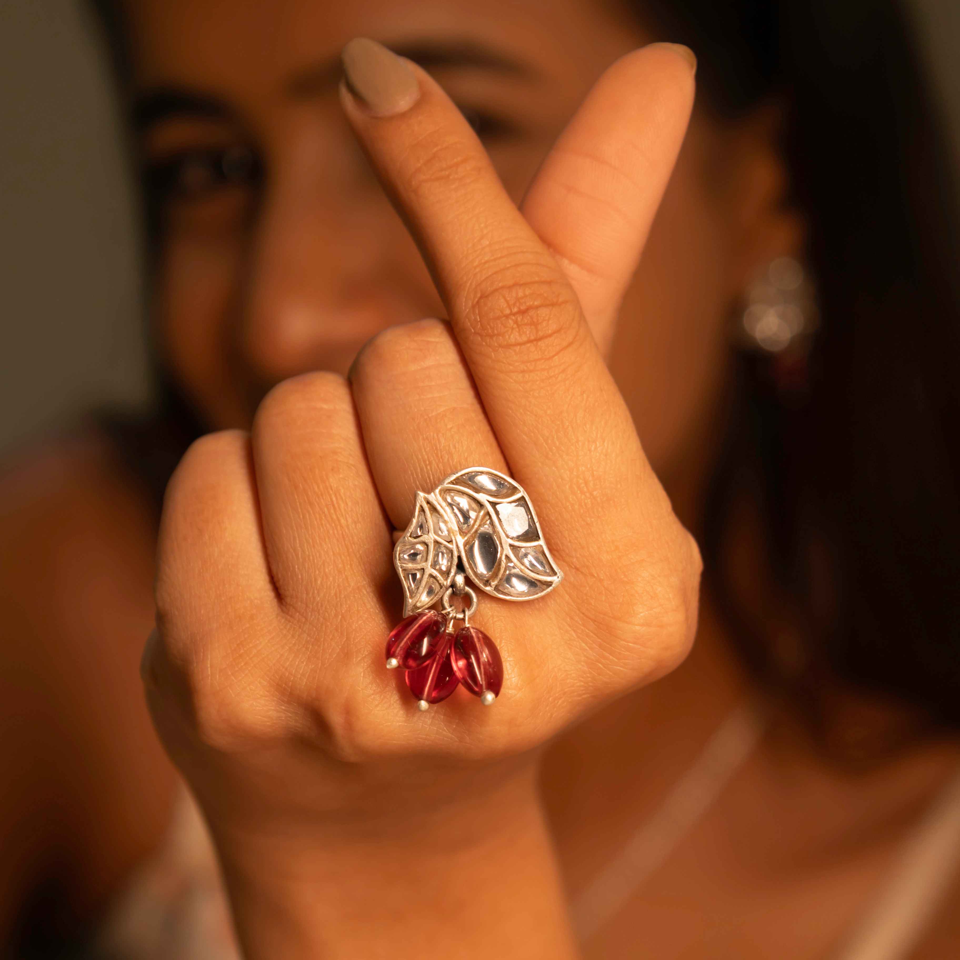 Essence Dual Leaf Kundan Pink Drop Ring