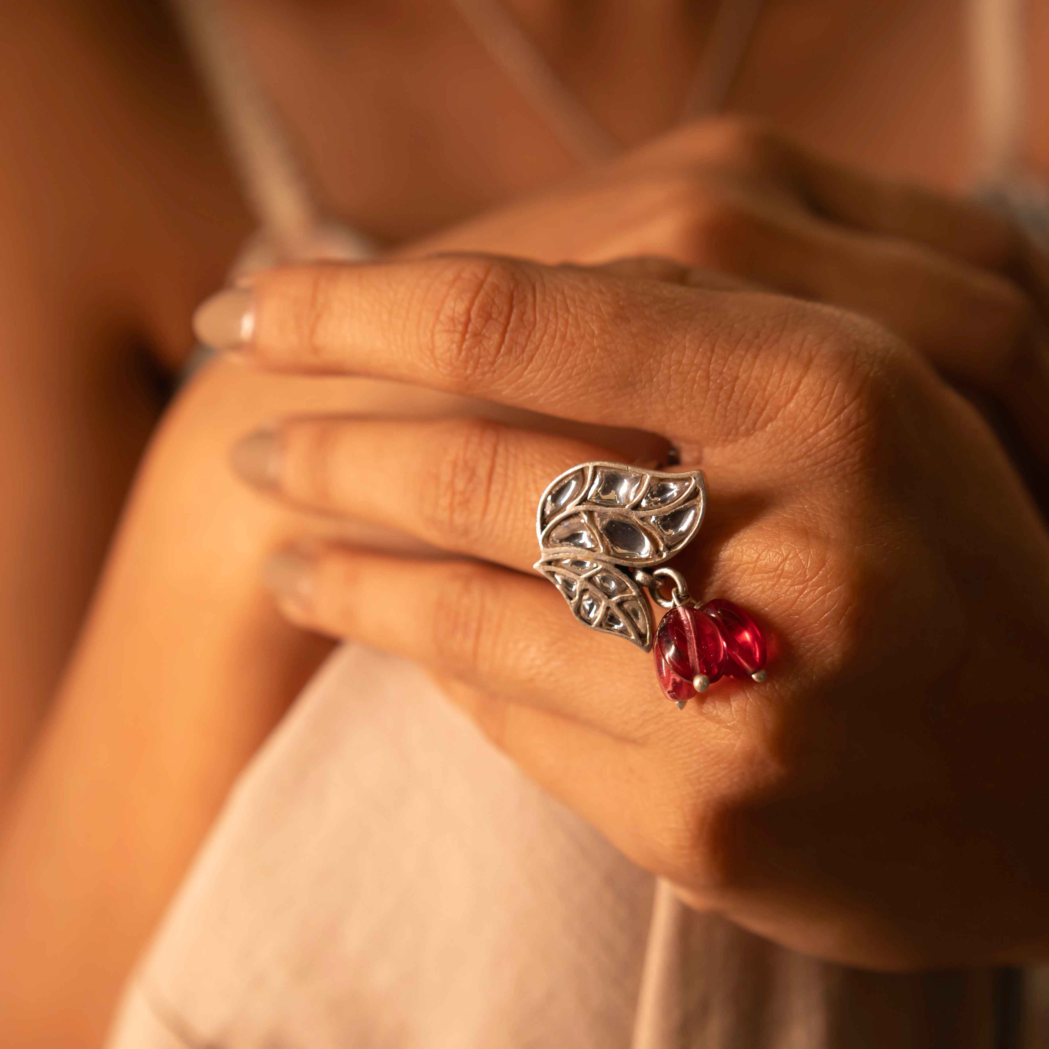 Essence Dual Leaf Kundan Pink Drop Ring