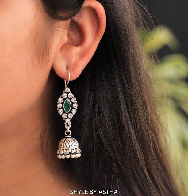 Anvaya Zircon Emerald Fish Hook Jhumkis