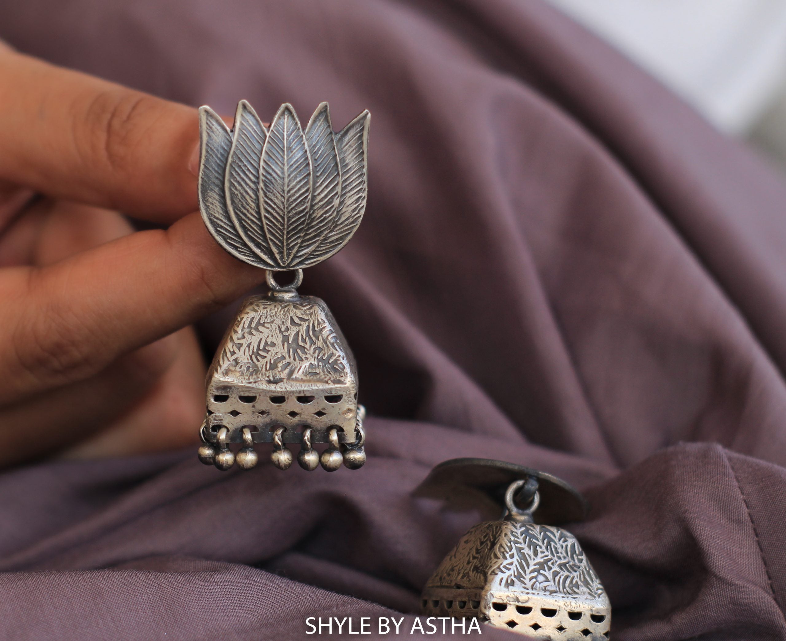 Anvaya Lotus Intricate Leaf Art Jhumka