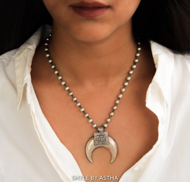 Moh Tribal Motif Crescent Moon Ball Necklace