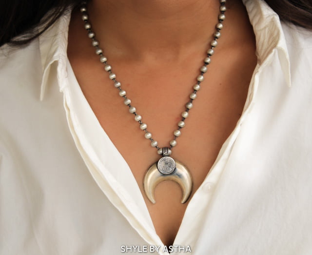 Moh Quirky Crescent Moon Victorian coin Ball Necklace