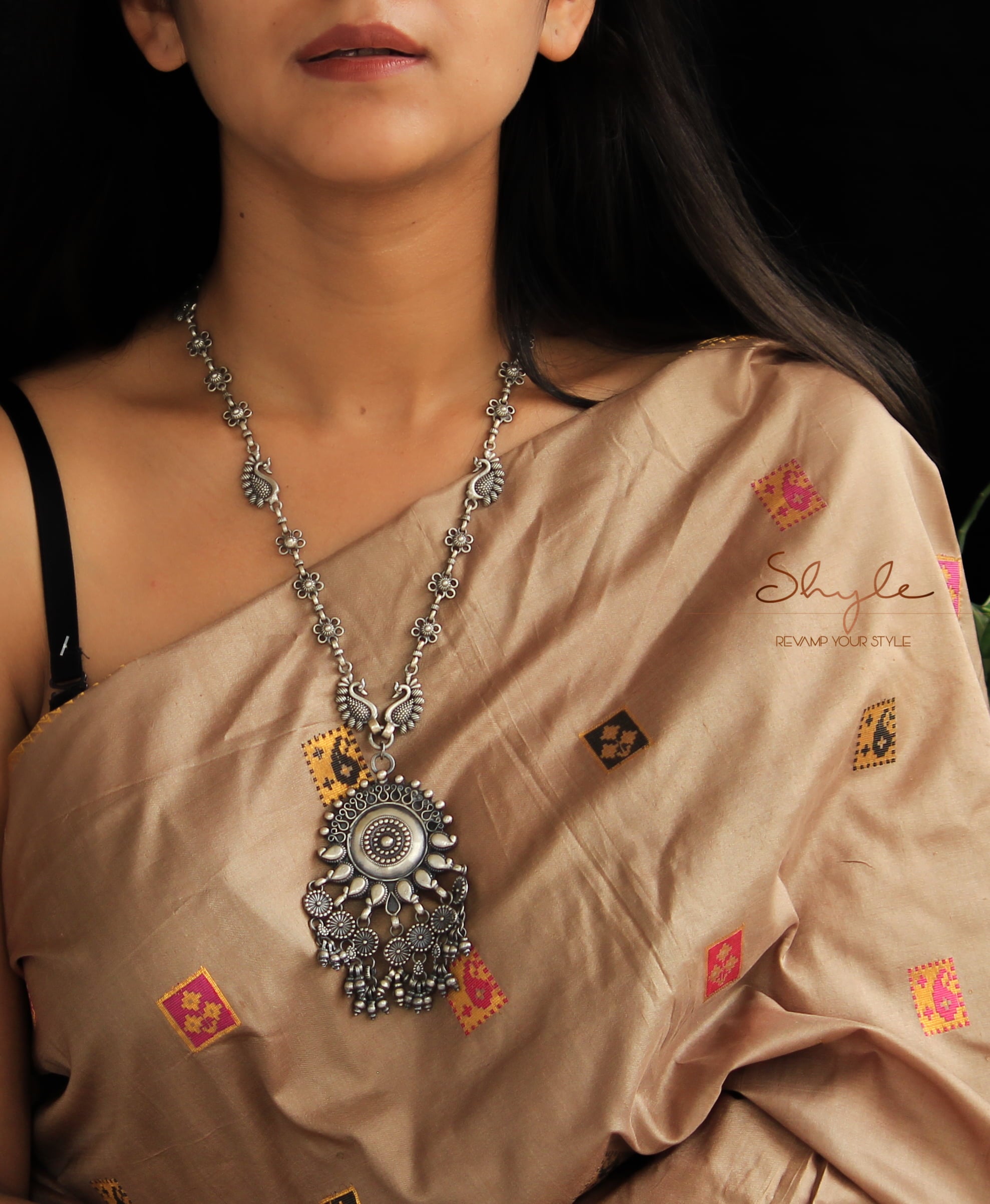 Tattva Intricate Flora Peacock Strand Charkha Drop Necklace