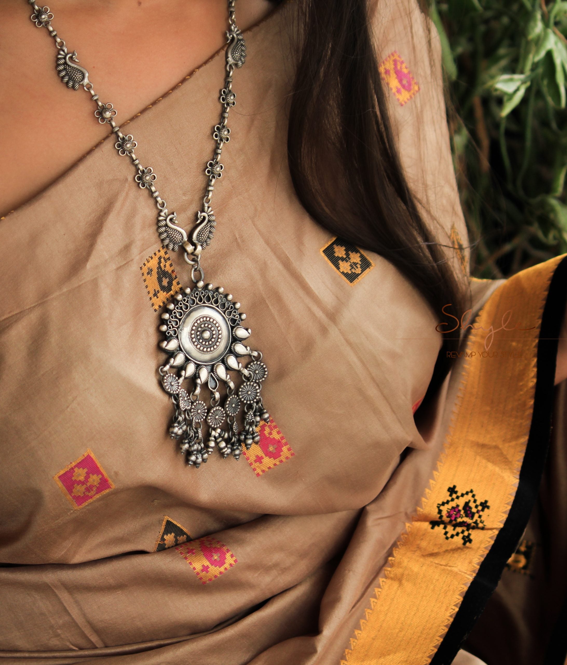 Tattva Intricate Flora Peacock Strand Charkha Drop Necklace