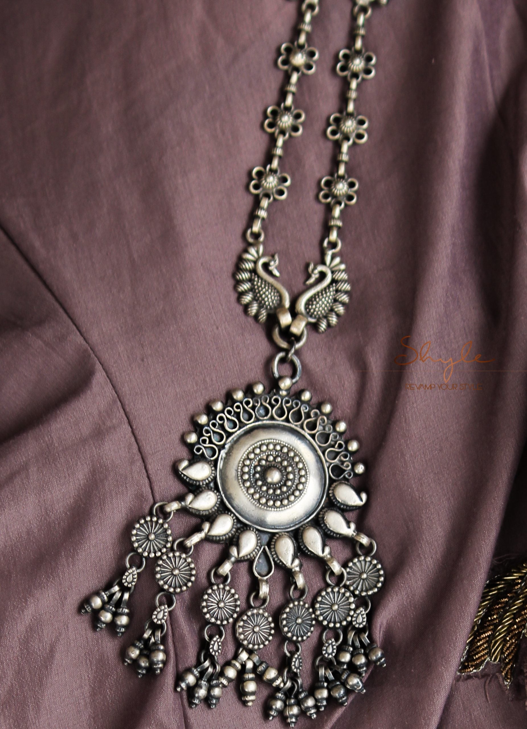 Tattva Intricate Flora Peacock Strand Charkha Drop Necklace
