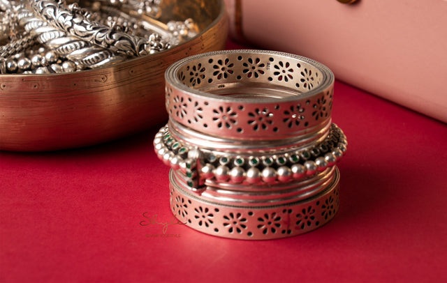 Tattva Flower Carved Embossed Bangle Set