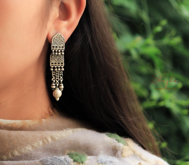 Moh Intricate Peacock Motif Ball Drop Earrings model