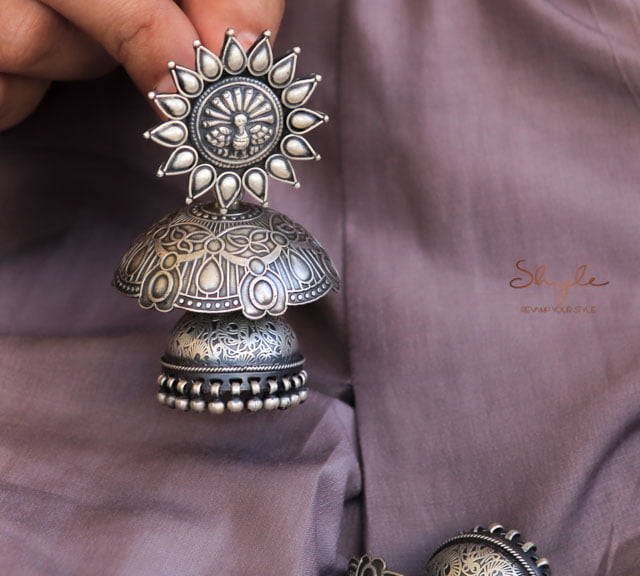 Tattva Dancing Peacock Motif Intricate Chatri Jhumka