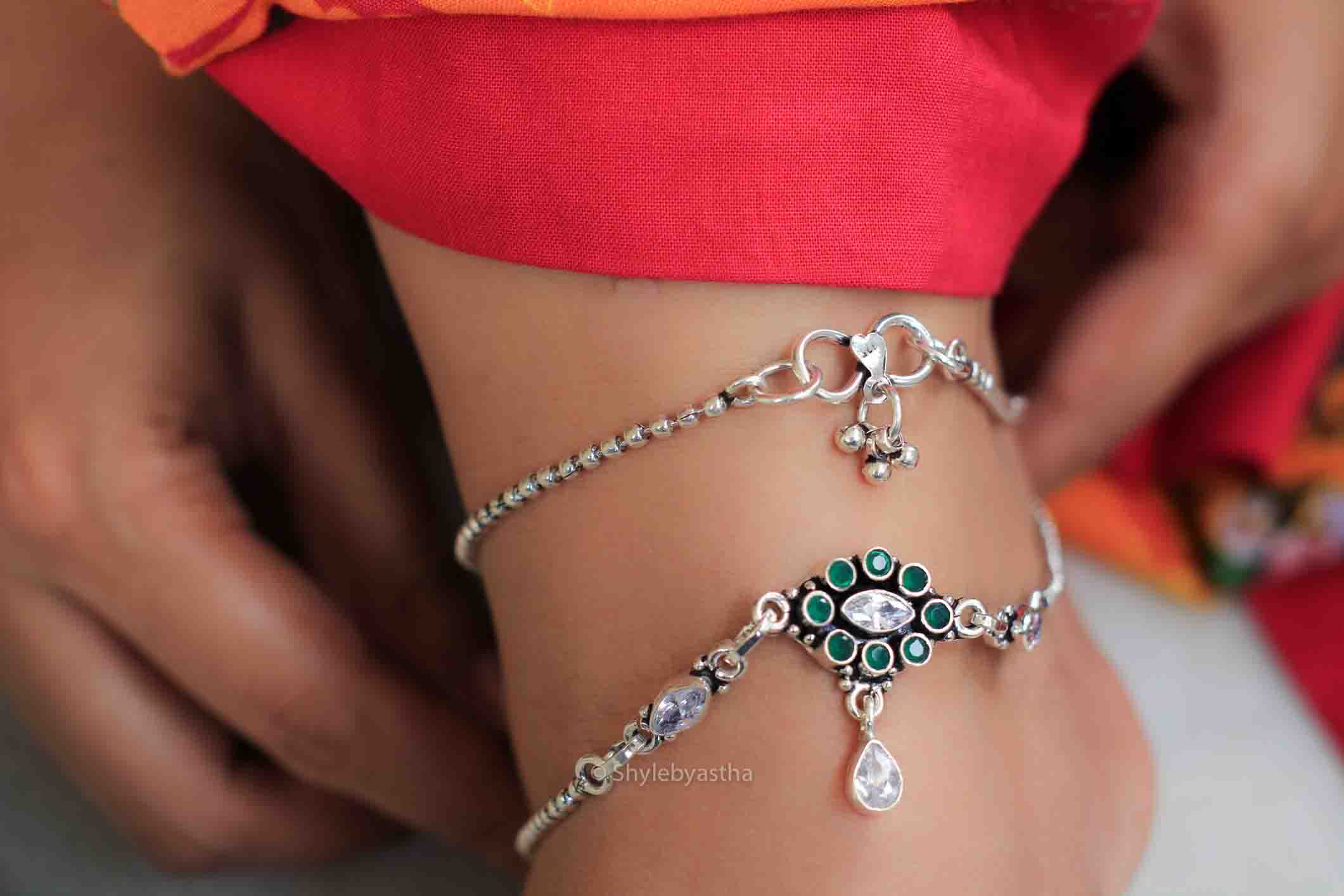 Essence Emerald Zircon Studded Silver Anklets