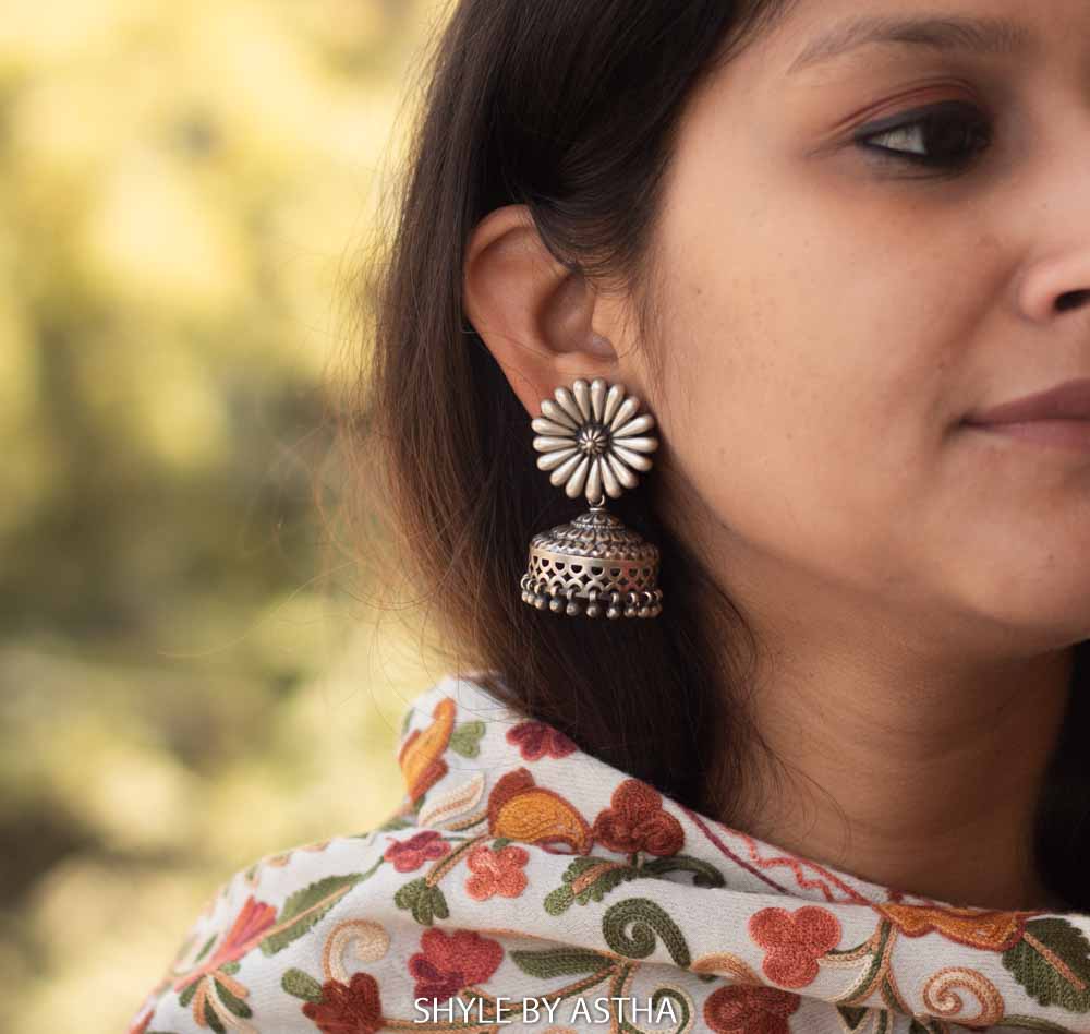 Dulari Flower Carved Jhumka