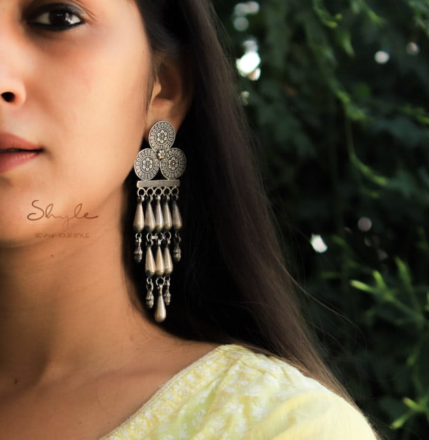 Anvaya Intricate Tricircle Motif Layered Drop Earrings model