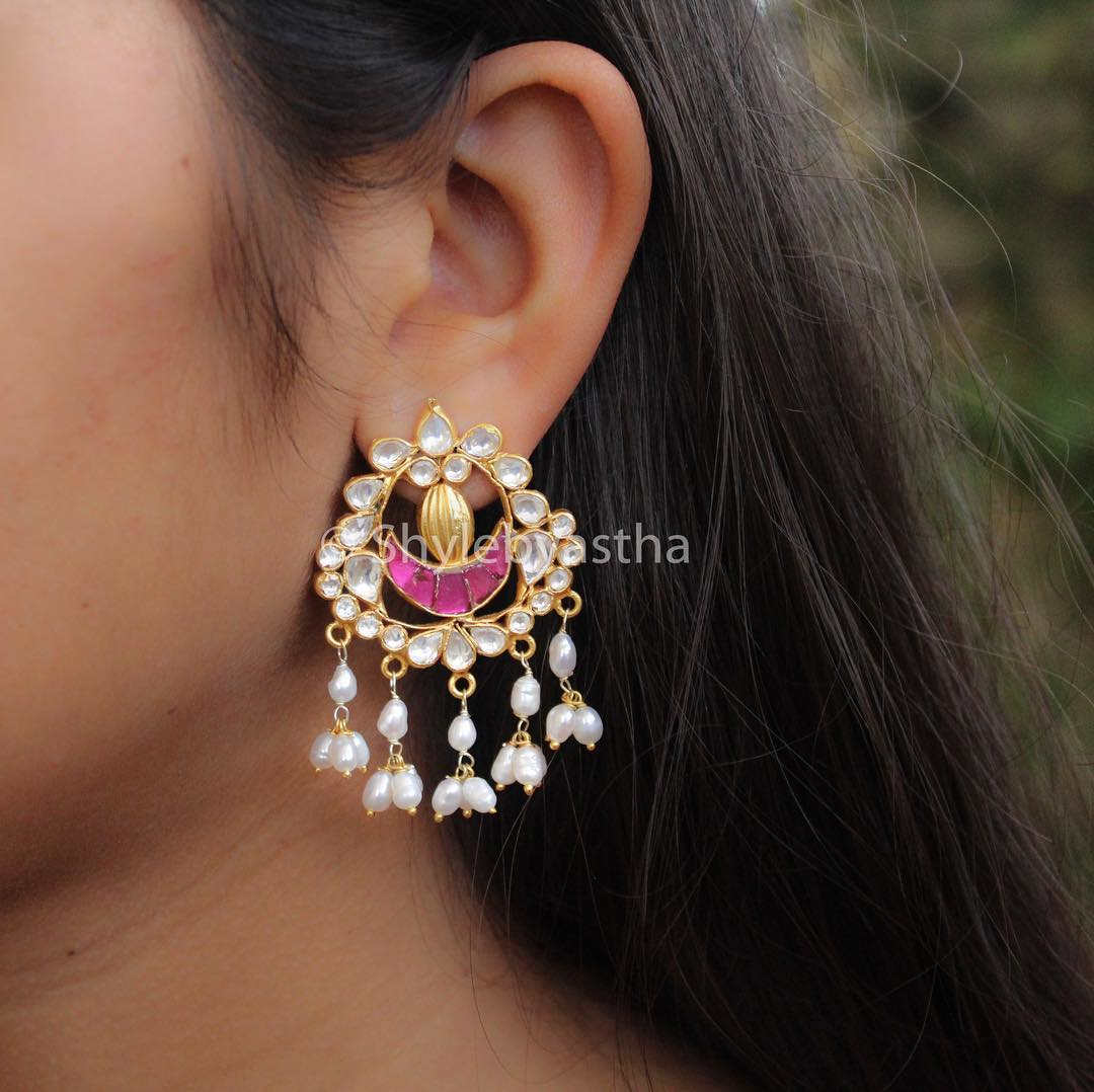 Jadau Gold Plated Kundan Pearl Hangings