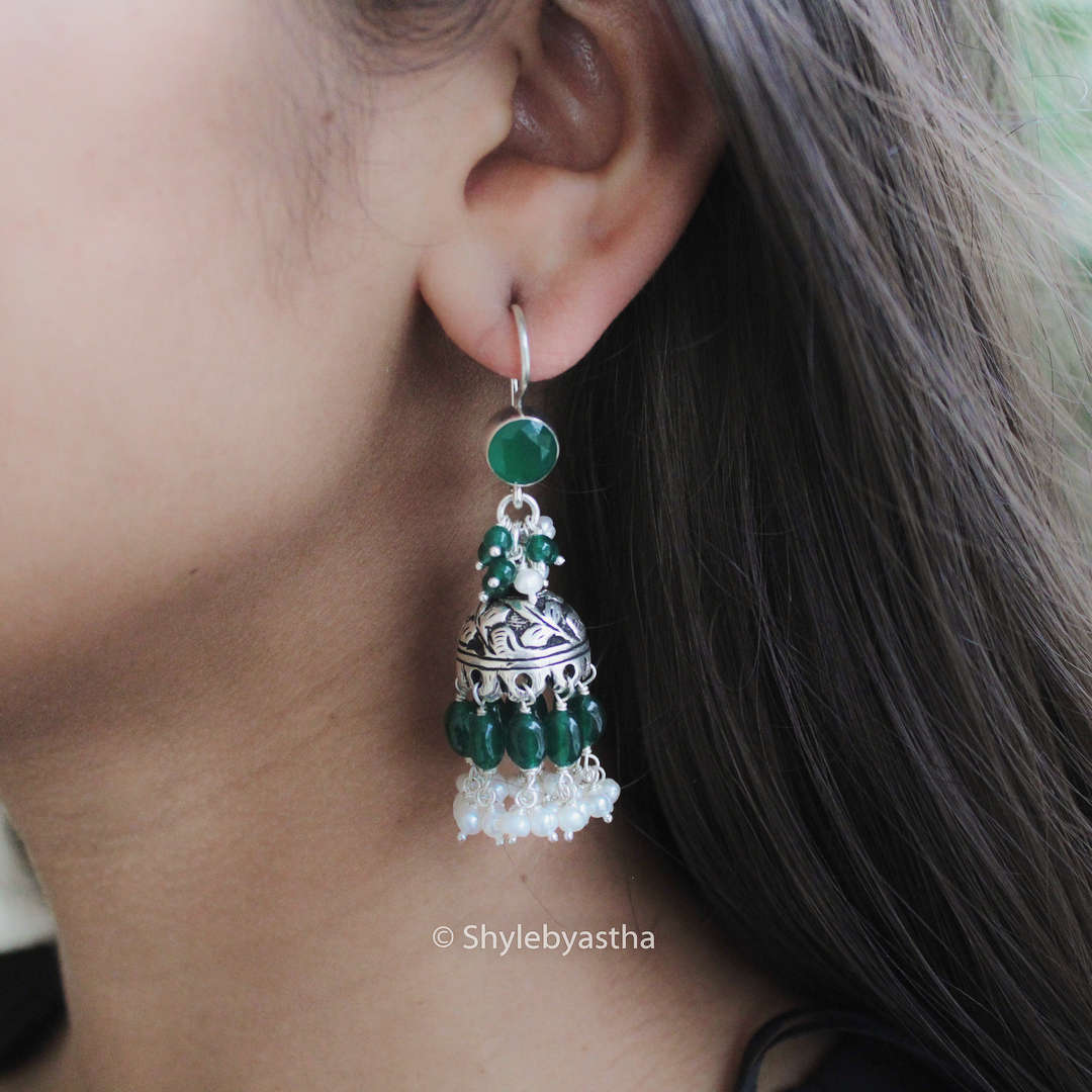 Jhumri Emerald Fish Hook Jhumkis