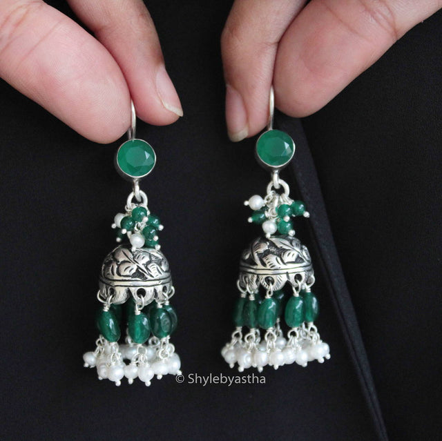 Jhumri Emerald Fish Hook Jhumkis