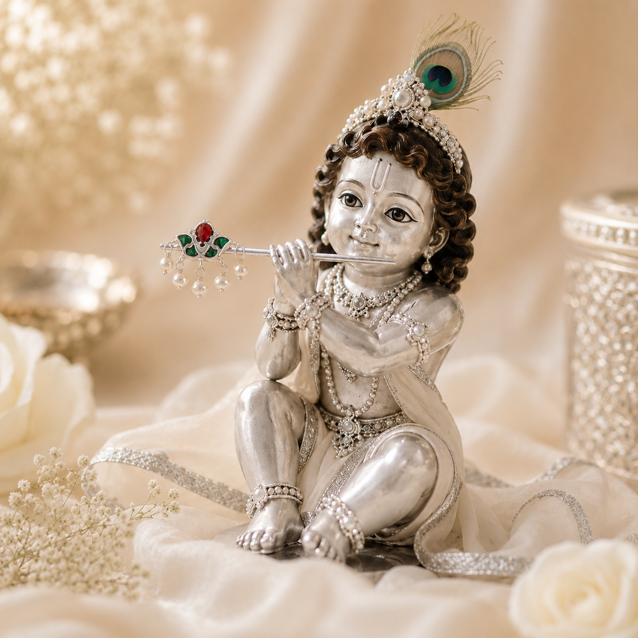 Laddu Gopal Ji Kundan Flora Pearl Drop Murli