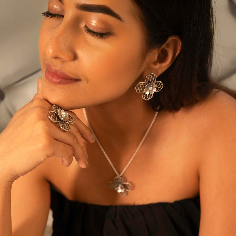 Mizoya Embossed Flower Jali Necklace Earring Ring set