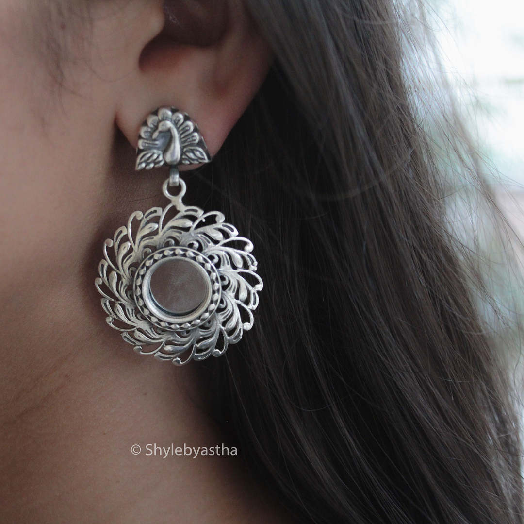 Moh Peacock Motif Mirror Earrings