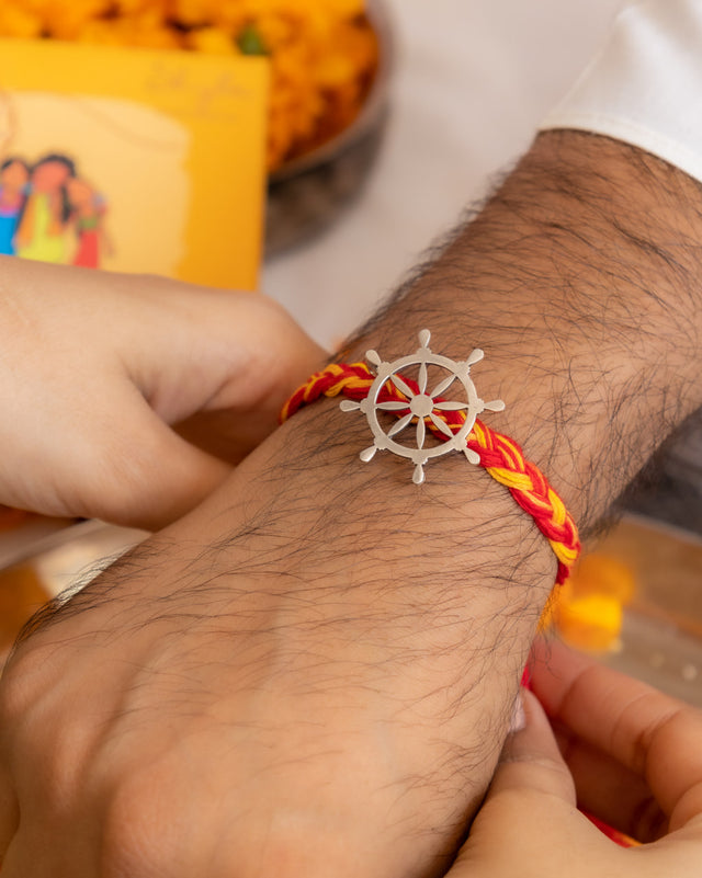 925 pure silver ship wheel brooch cum rakhi, alternate view