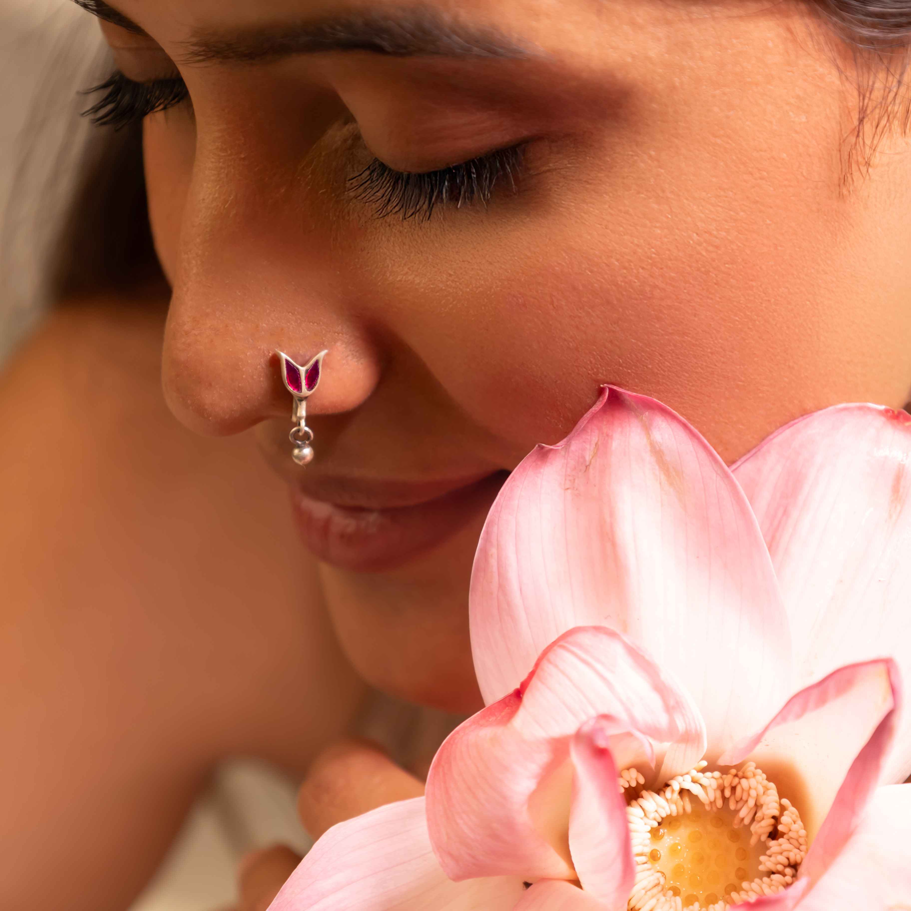 Moh Kundan Lotus Ball Drop Non Pierced Nose Clip on