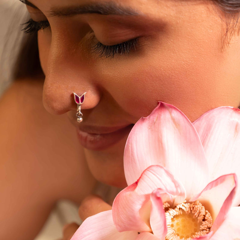 Moh Kundan Lotus Ball Drop Pierced Nose Ring
