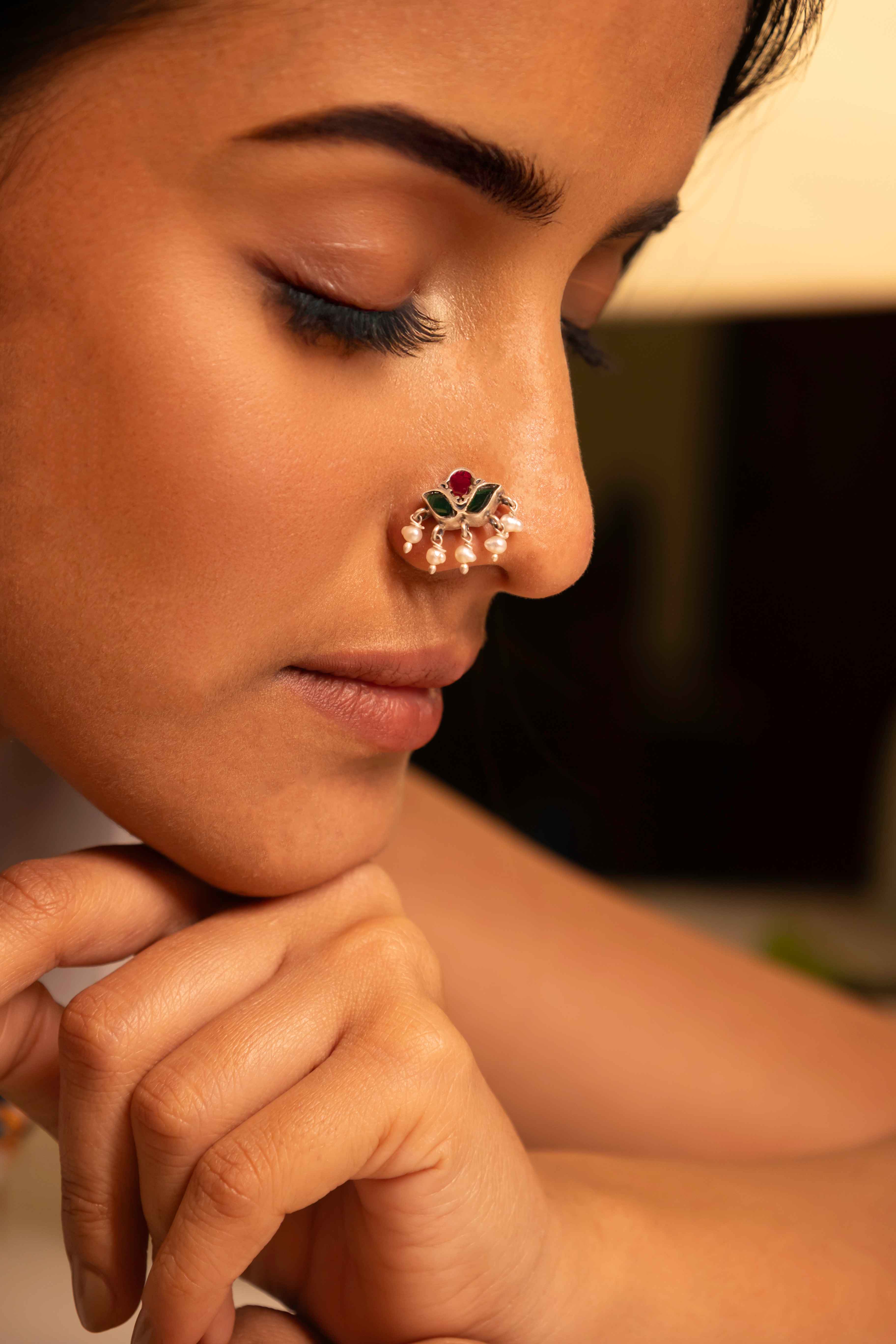 Moh Kundan Pearl Drop Rajwada Pierced Nose Pin