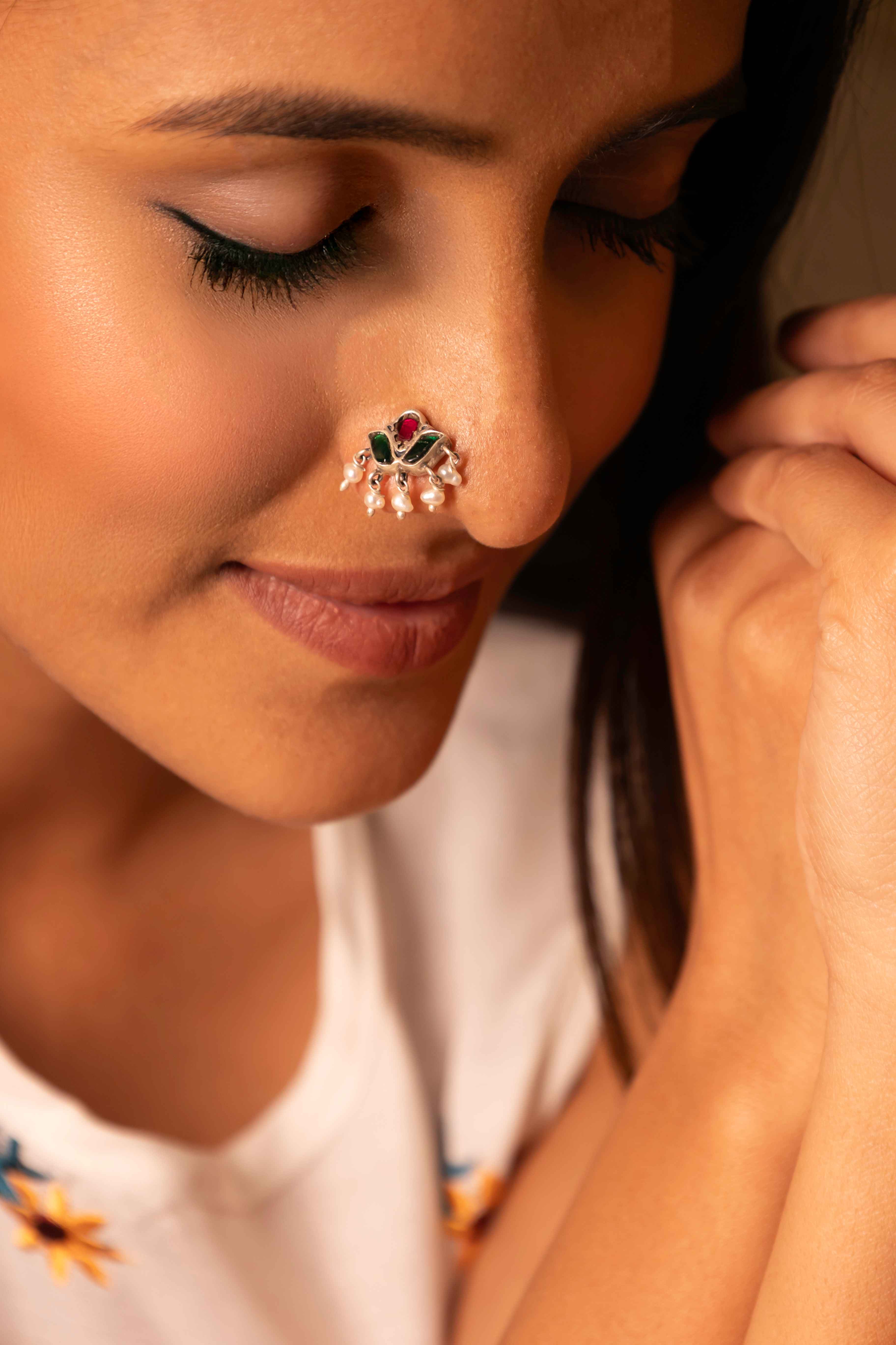 Moh Kundan Pearl Drop Rajwada Pierced Nose Pin