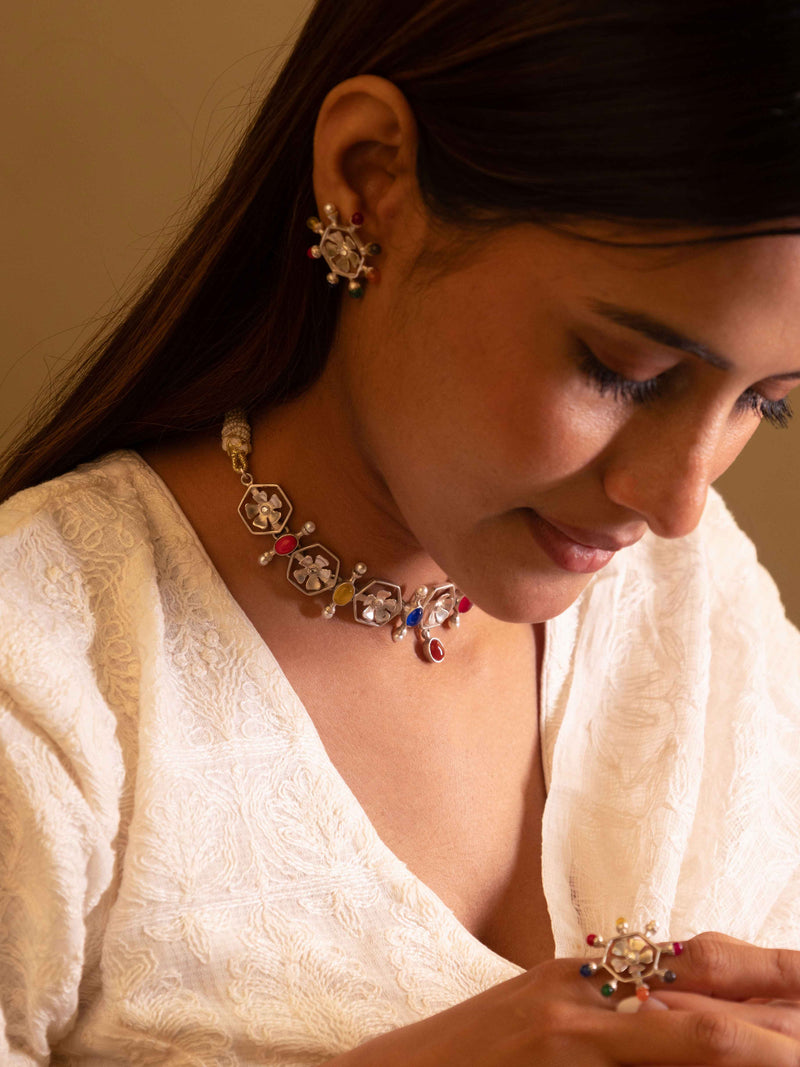 Moh Navratan Floral Necklace Earring Ring Set