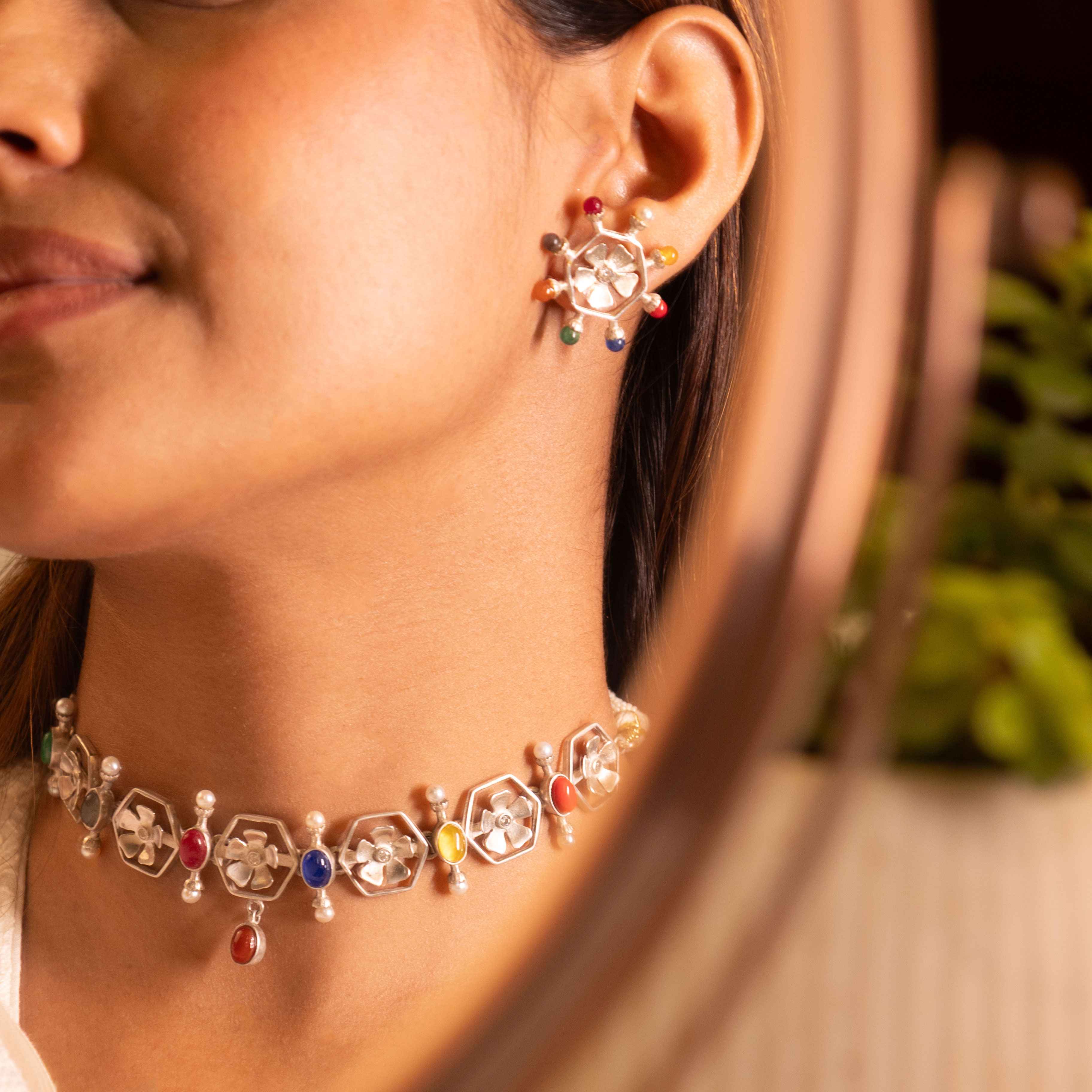 Moh Navratan Floral Necklace Set
