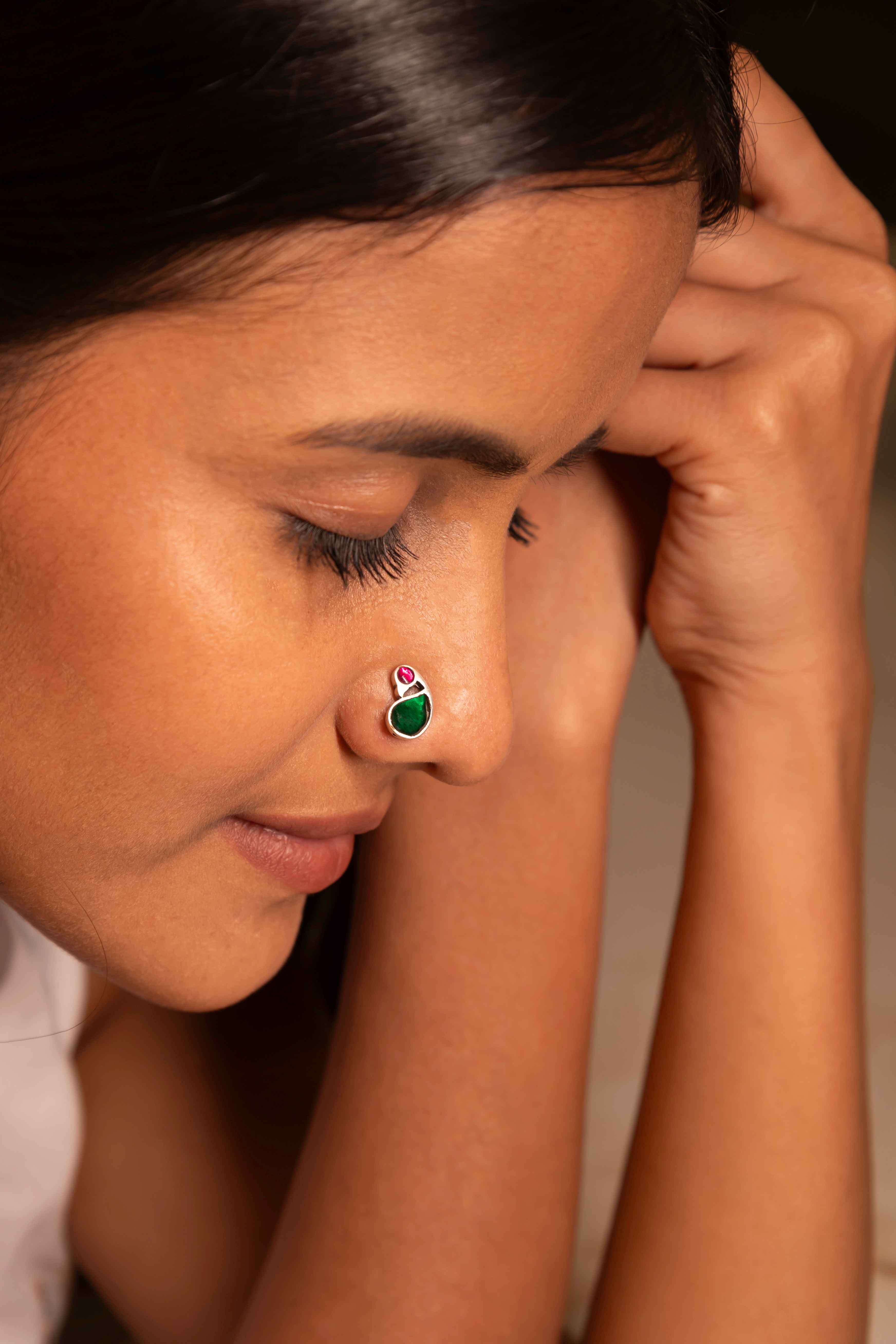 Moh Peacock Kundan Pierced Nose Pin