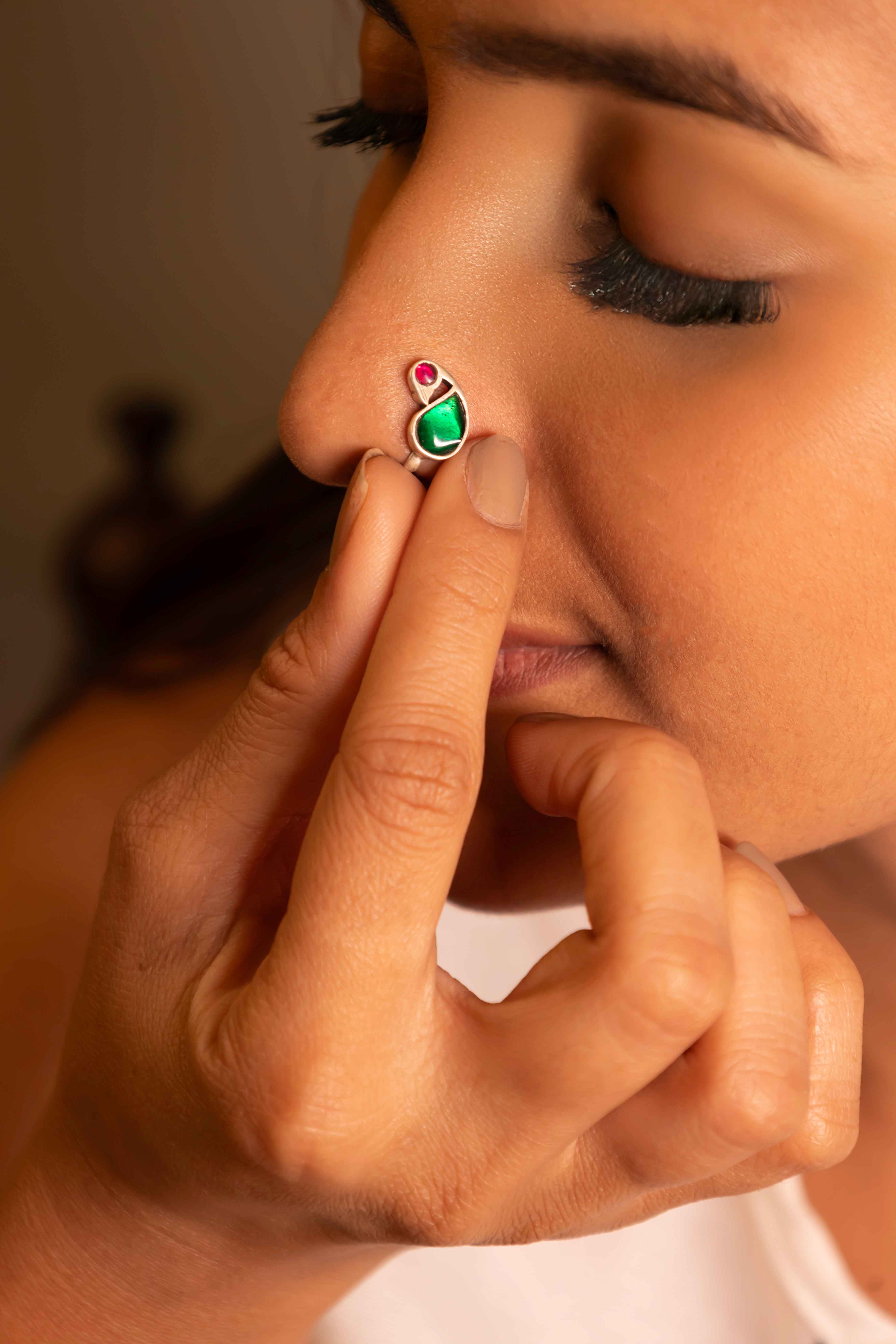 Moh Peacock Kundan Non Pierced Nose Clip on