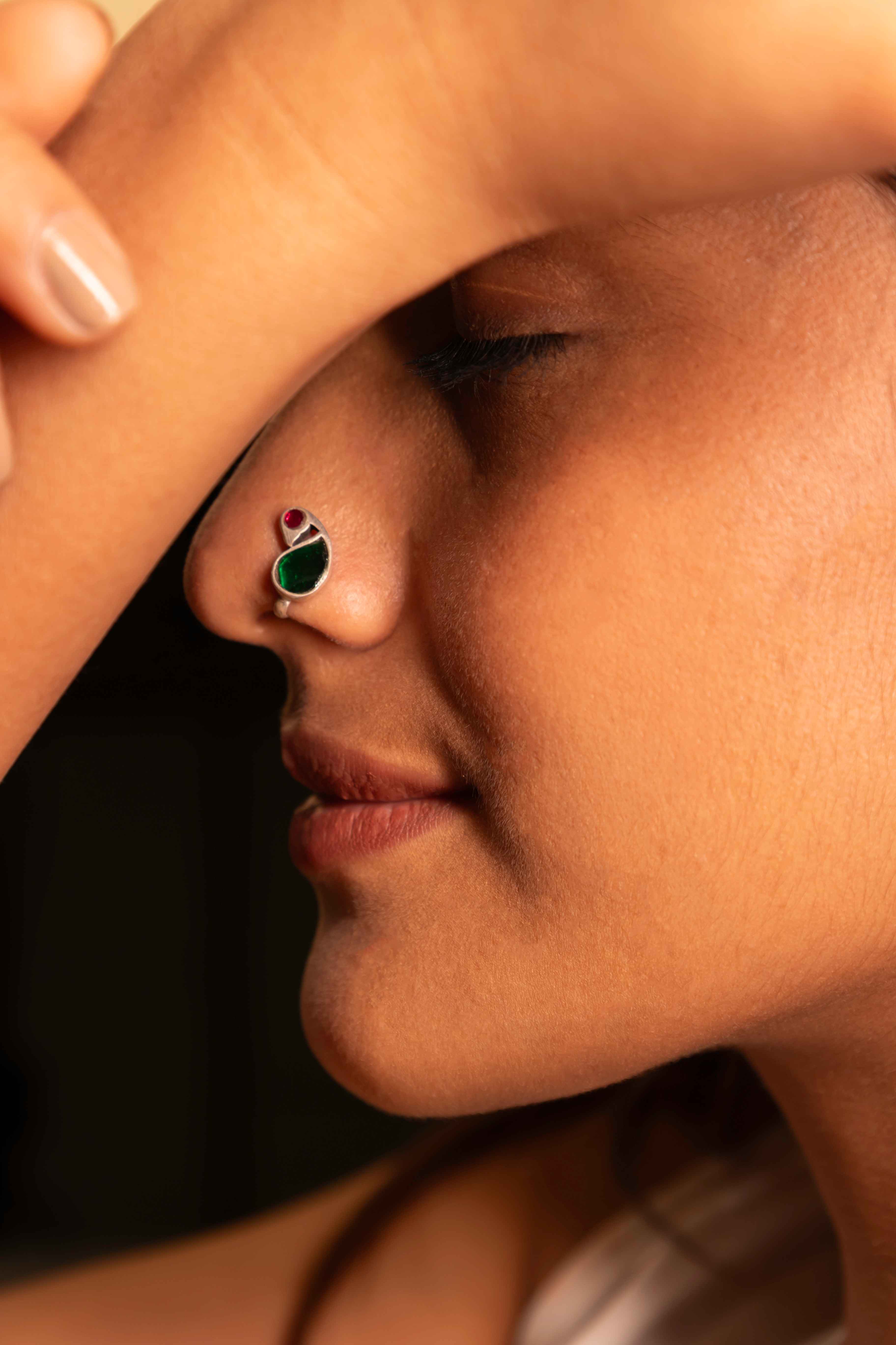 Moh Peacock Kundan Non Pierced Nose Clip on