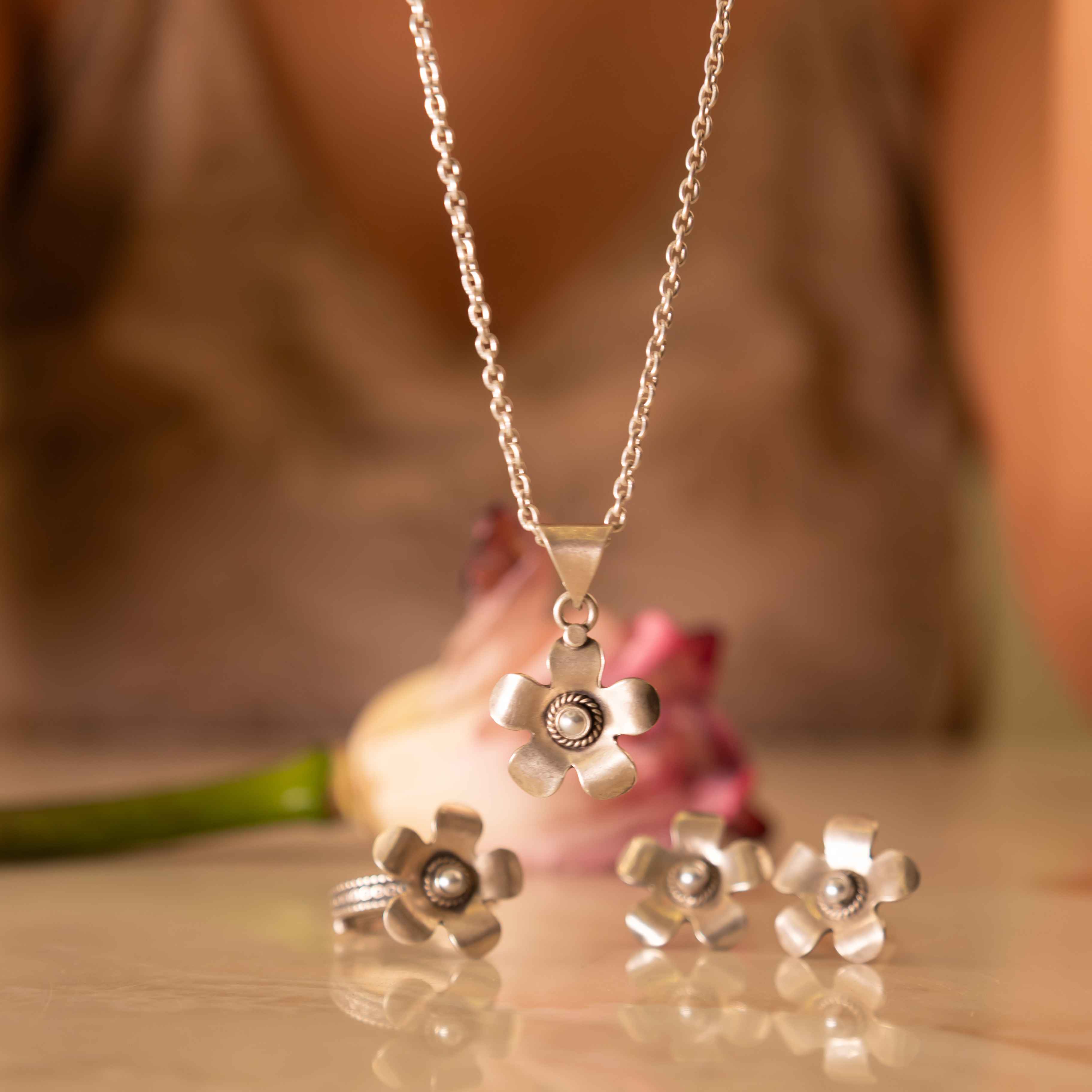 Moh Pearl Studded Flower Necklace Earring Ring Set