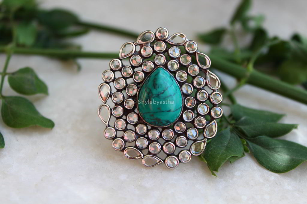Essence Turquoise Zircon Studded Silver Ring