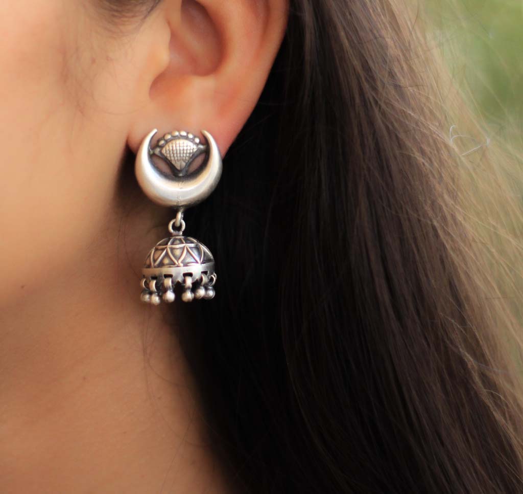 Adya Crescent Moon Embossed Jhumkis