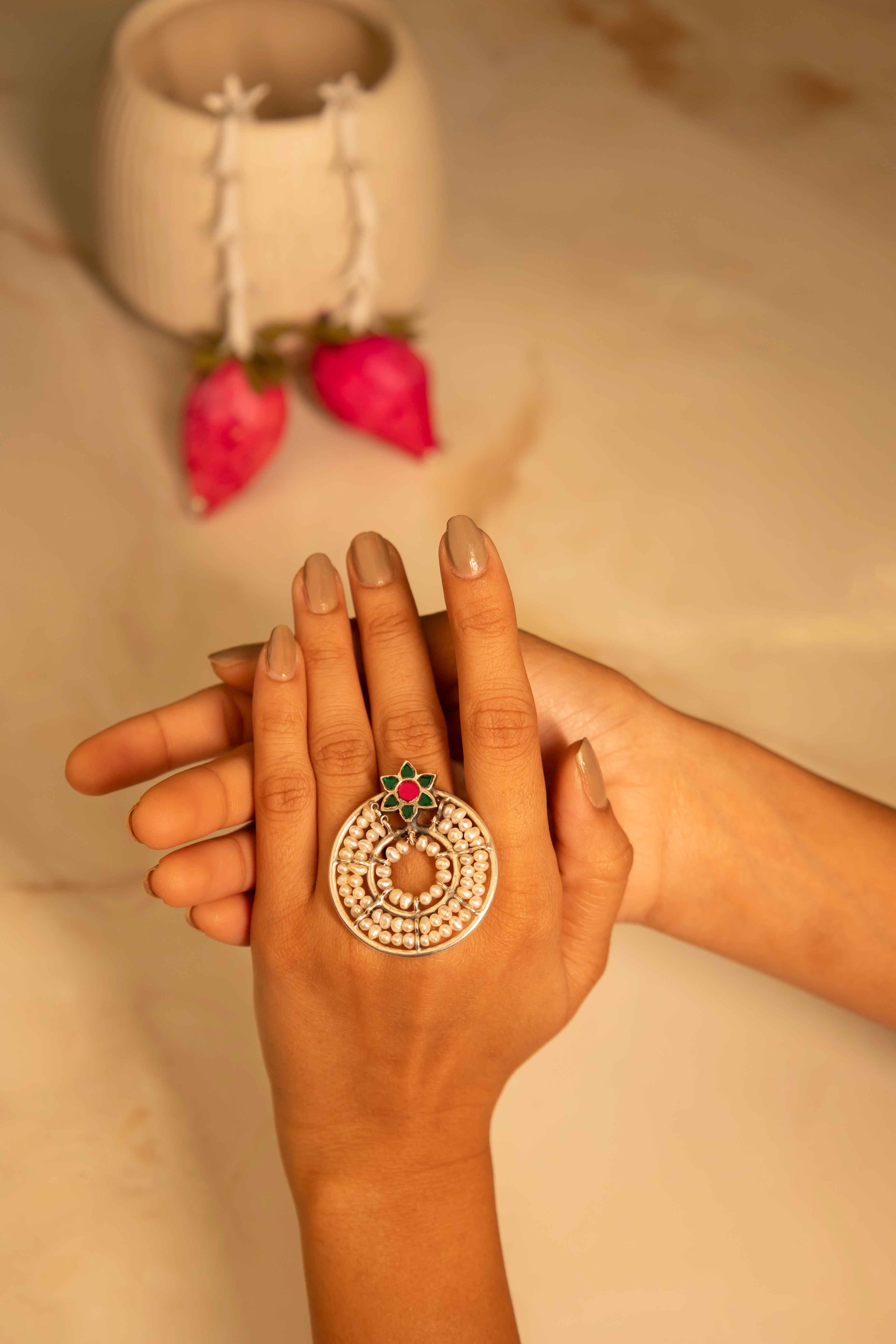 Qurbat Concentric Pearl Kundan Flower Motif Statement Ring