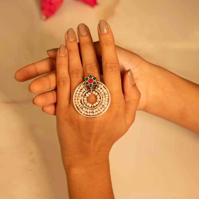Qurbat Concentric Pearl Kundan Flower Motif Statement Ring