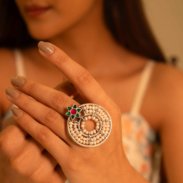 Qurbat Concentric Pearl Kundan Flower Motif Statement Ring