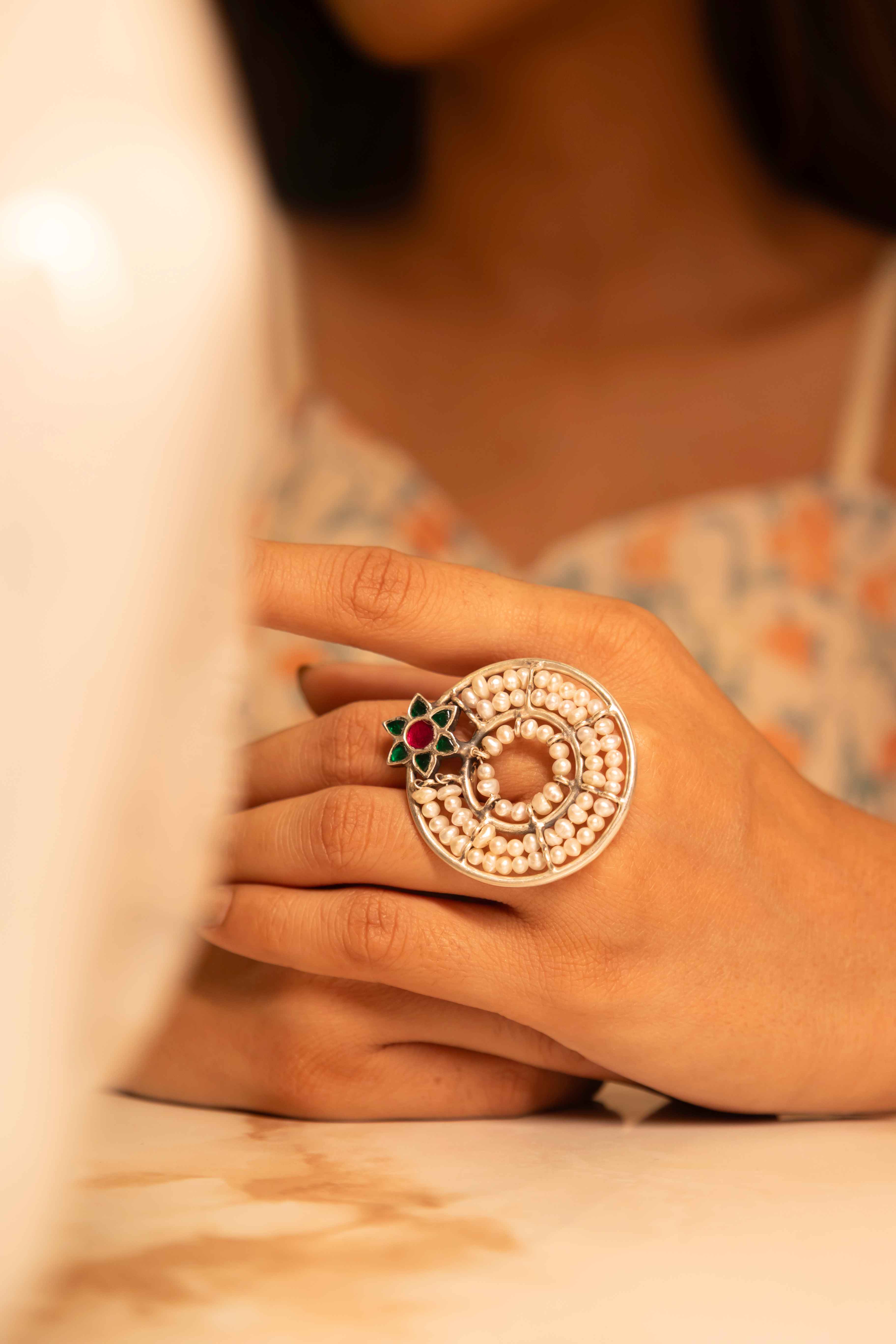 Qurbat Concentric Pearl Kundan Flower Motif Statement Ring