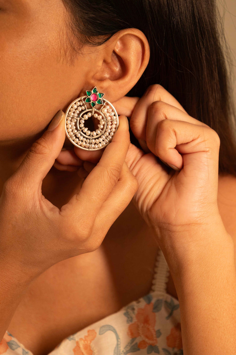 Qurbat Concentric Pearl Kundan Flower Motif Statement Stud Earrings