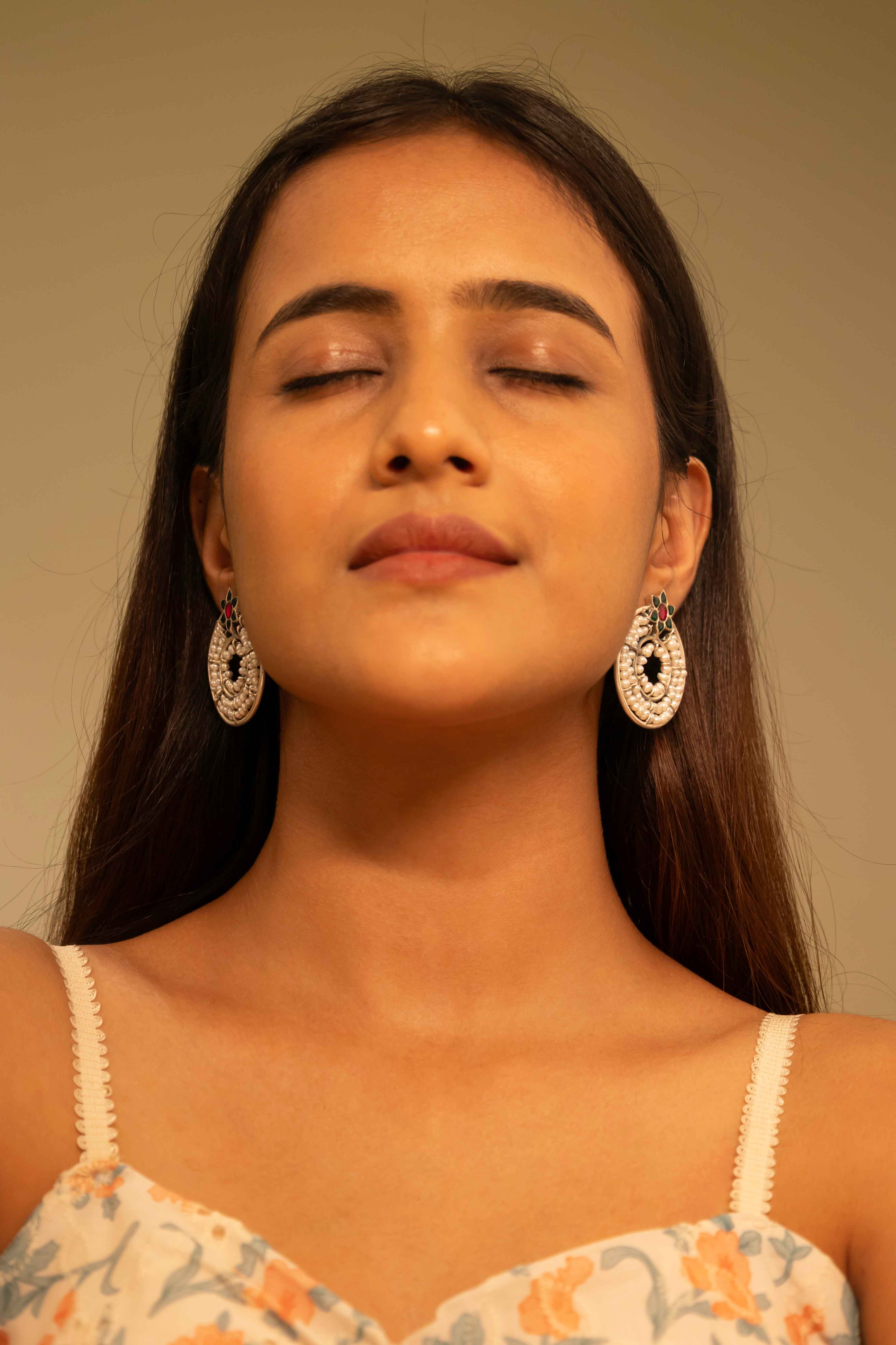 Qurbat Concentric Pearl Kundan Flower Motif Statement Stud Earrings