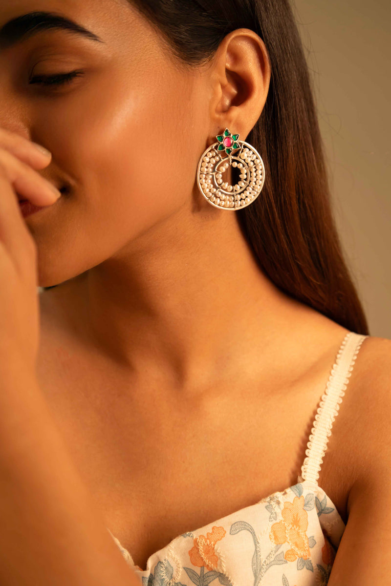 Qurbat Concentric Pearl Kundan Flower Motif Statement Stud Earrings